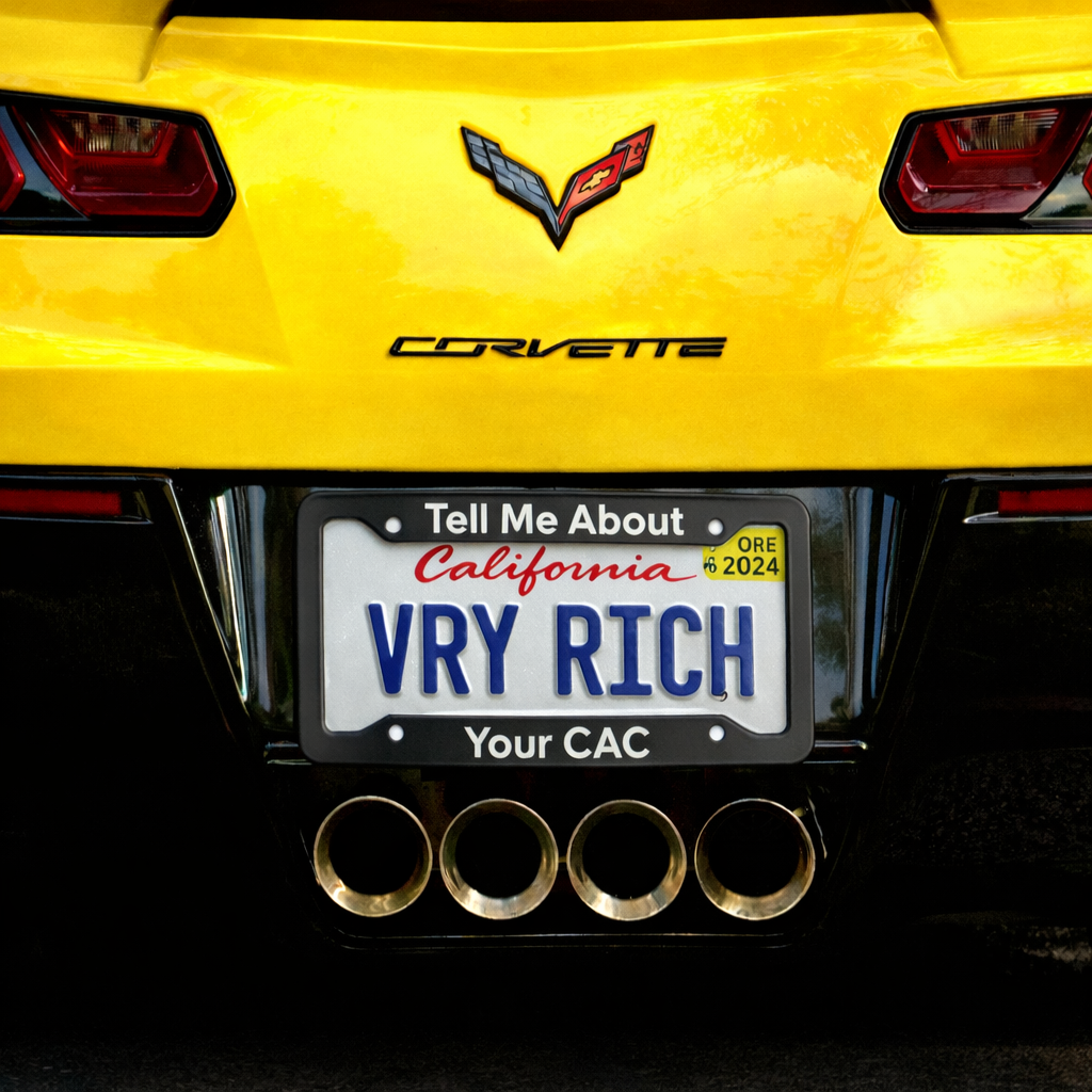 Jargon Junkie black license plate frame with Tell Me About Your CAC text on yellow Corvette corporate humor car accessory