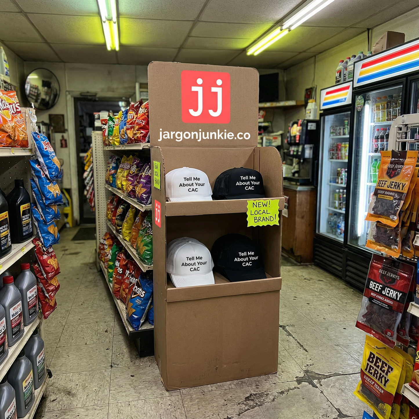 Cardboard display with 'jargon Junkie' branding in a store setting. Black and white trucker hat with 'Tell Me About Your CAC' across the front in bold letters. Corporate funny humor. 