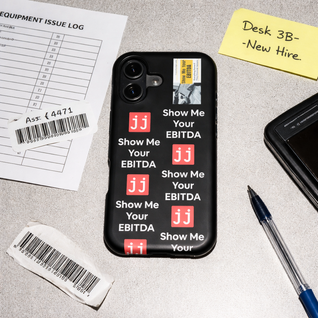Black corporate humor phone case with 'Show Me Your EBITDA' text, perfect for finance professionals.
