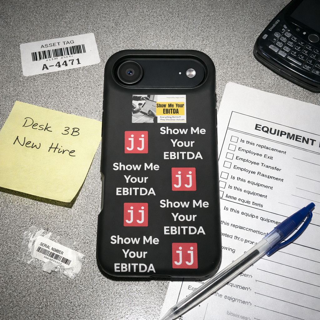 Black corporate humor phone case with 'Show Me Your EBITDA' text, perfect for finance professionals.