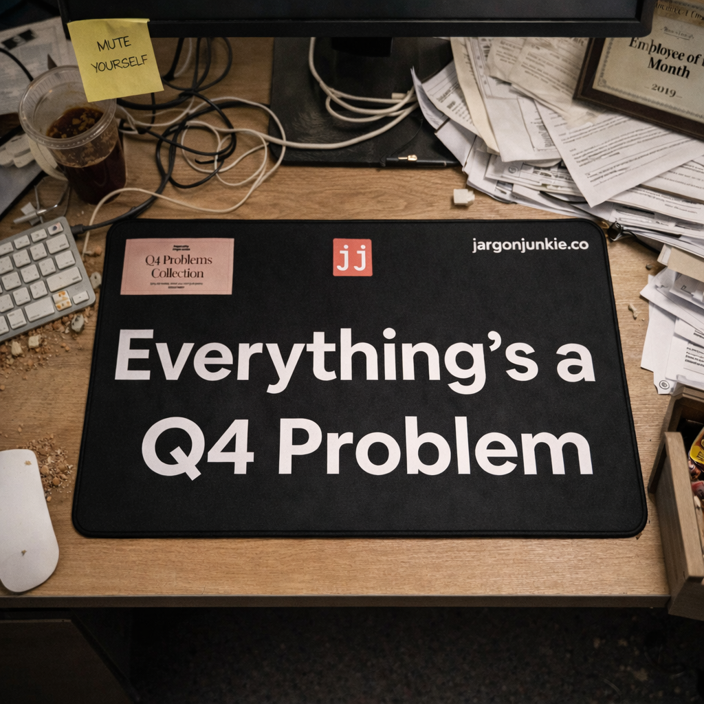 Jargon Junkie black desk mat with Everything's a Q4 Problem text wide angle on cluttered desk corporate humor desk accessory