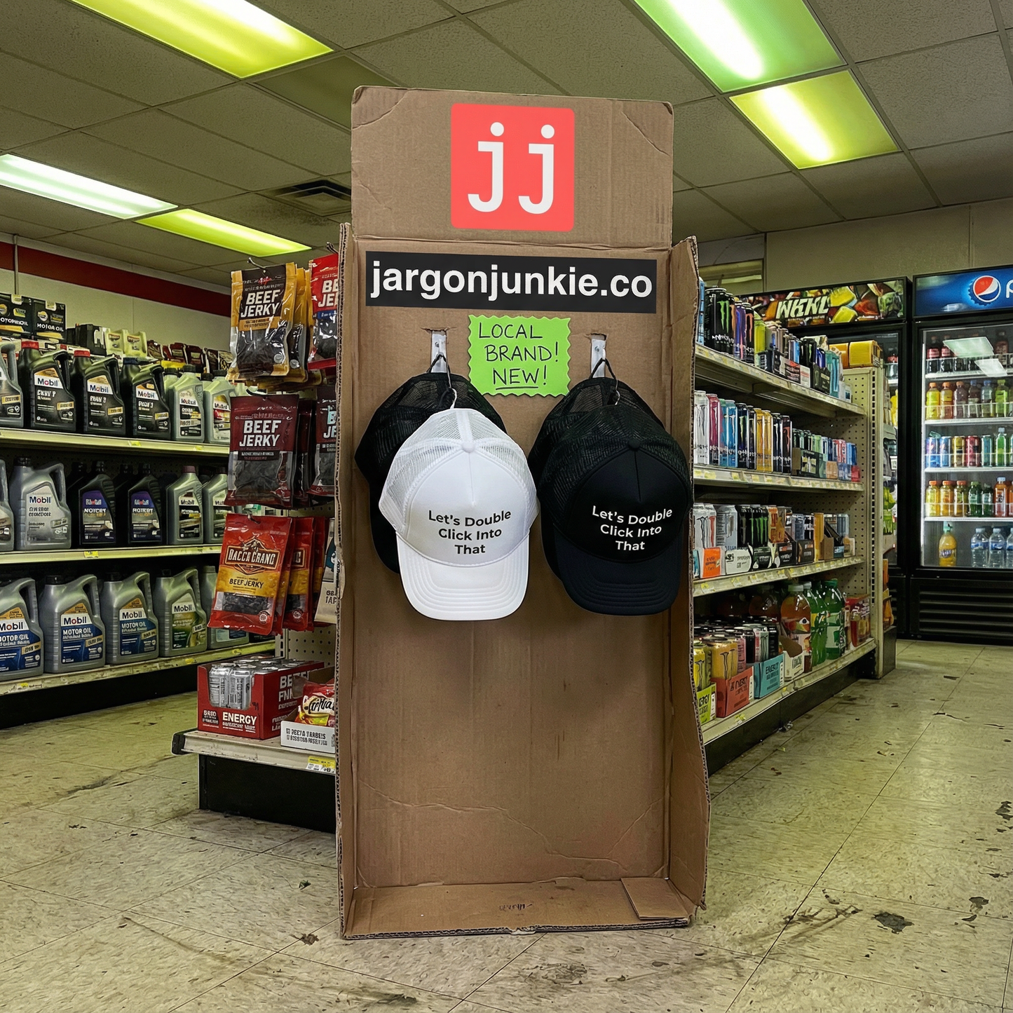 White and black trucker hat with 'Let's Double Click Into That' In large bold font across the front. Funny, corporate, business humor. 