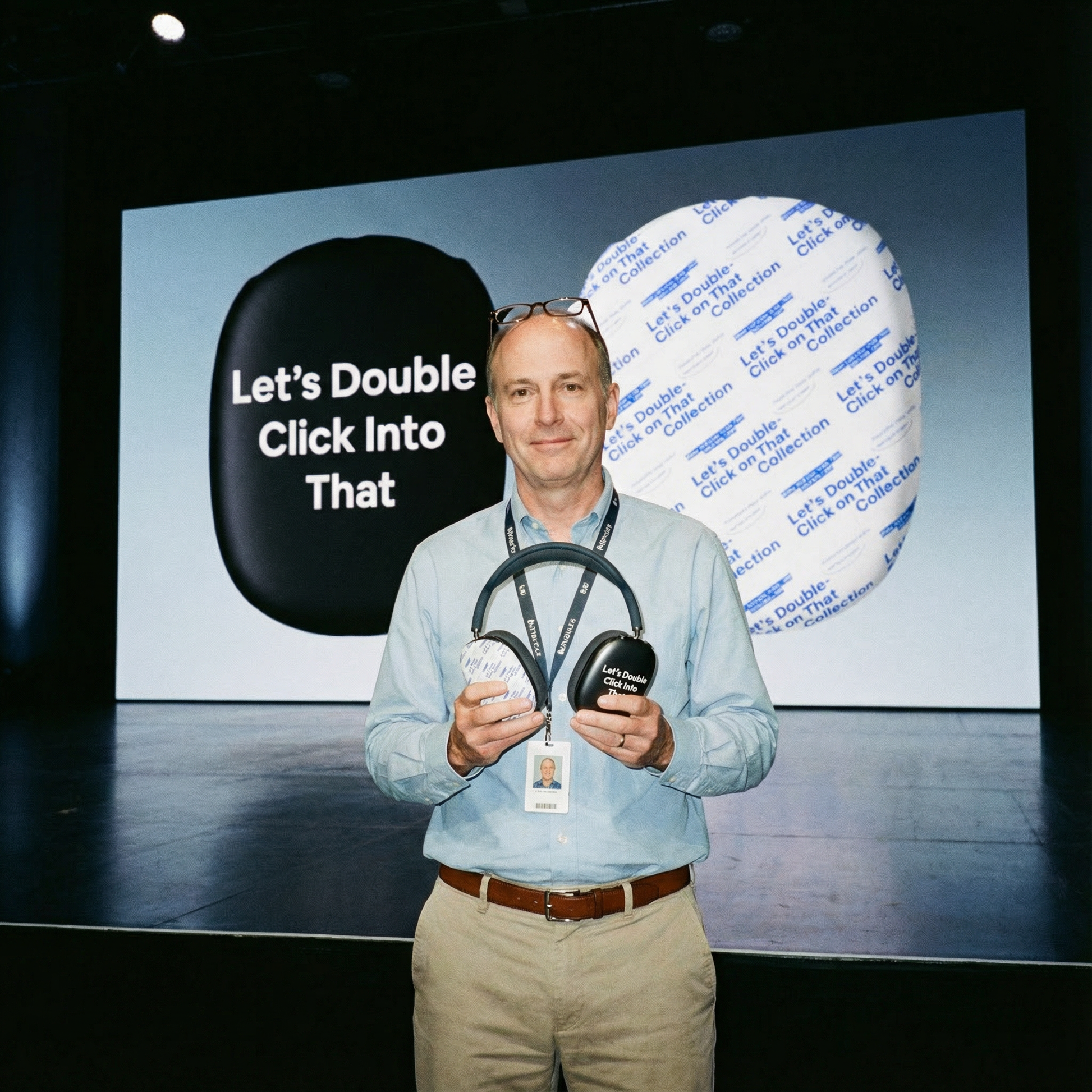 Jargon Junkie black AirPods Max cover with Let's Double Click Into That text held at tech keynote corporate humor design