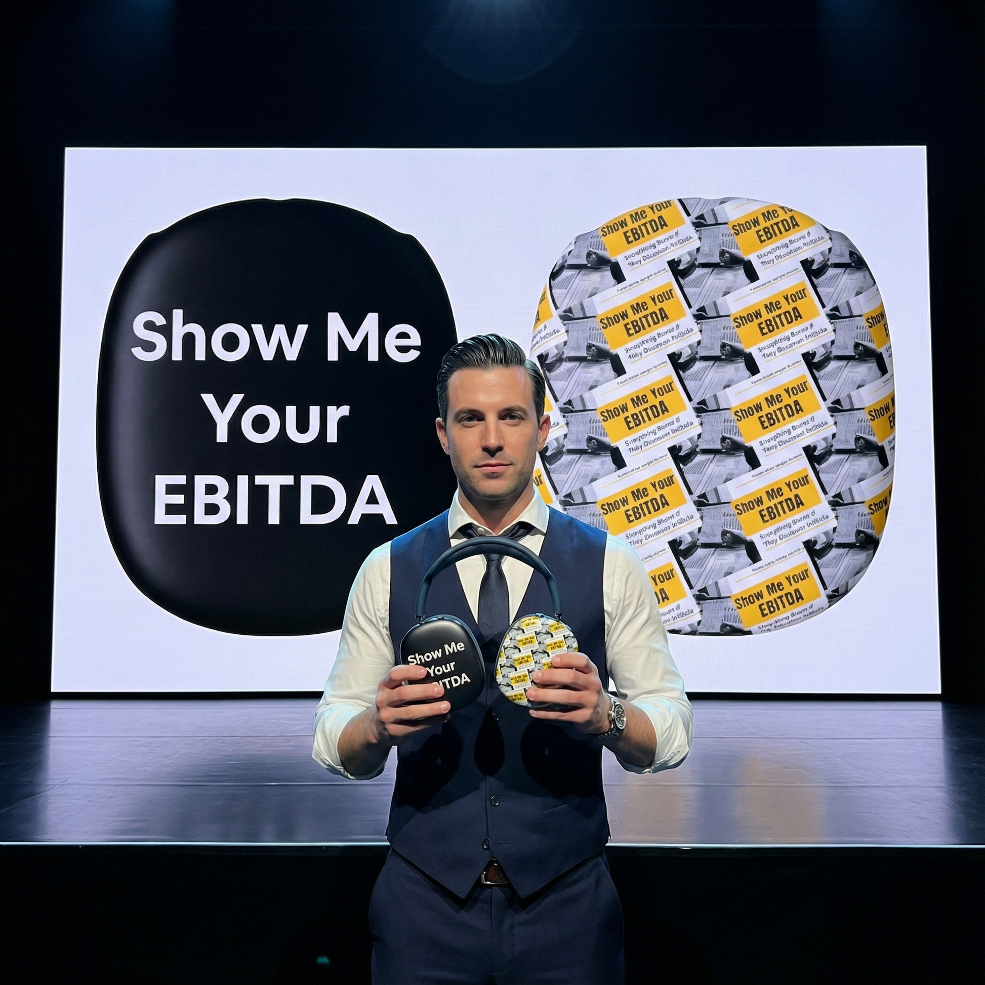 Jargon Junkie black AirPods Max cover with Show Me Your EBITDA text held at tech keynote corporate humor design