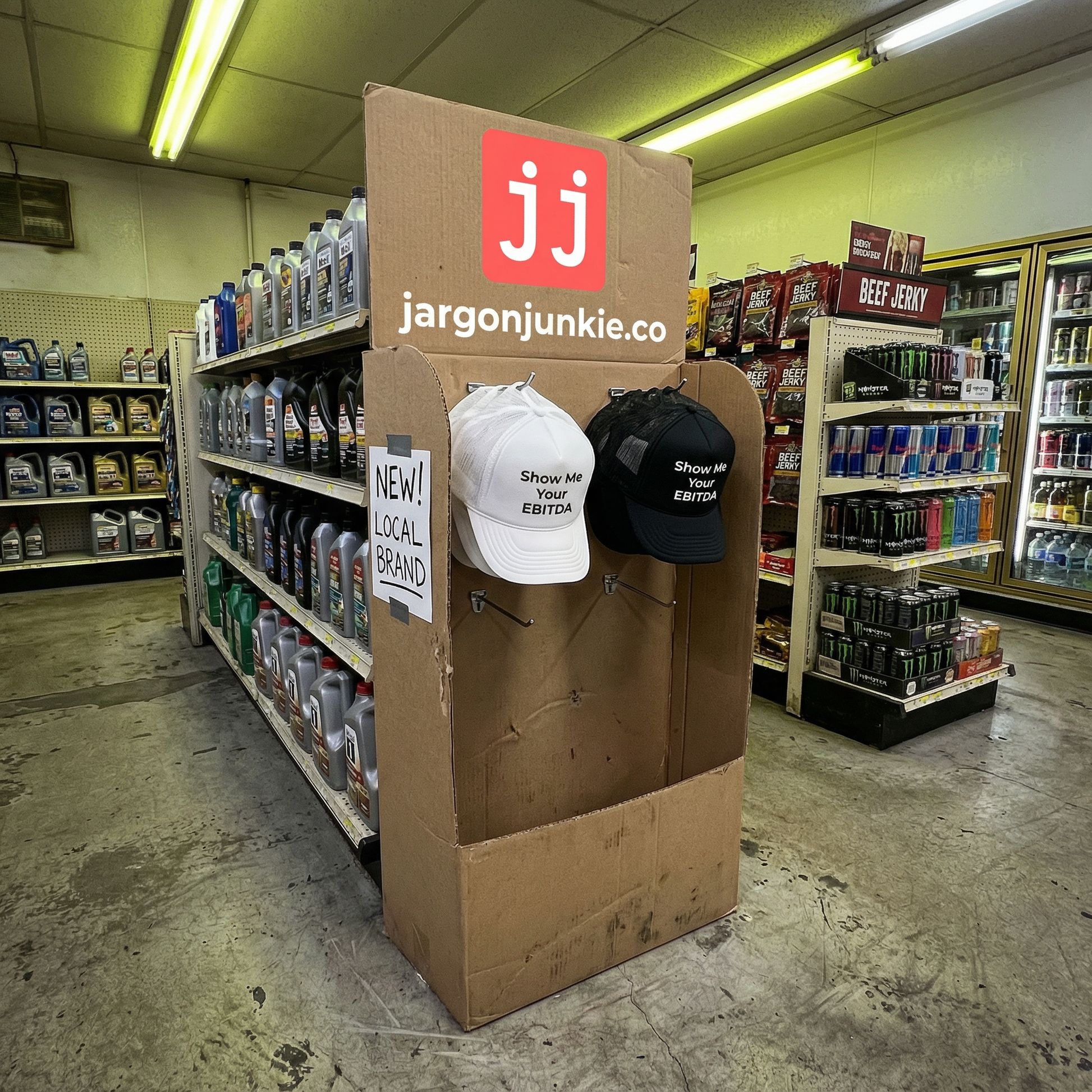 Black and white trucker hat with large Show Me Your EBITDA on the front. Corporate humor, Jargon, Business, Entrepreneur