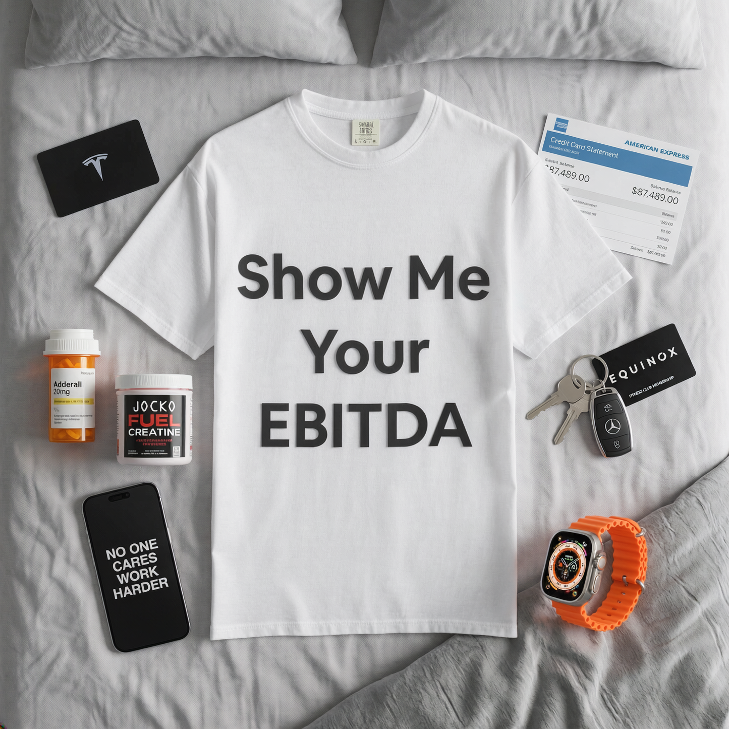 White t-shirt with Show Me Your EBITDA in big black bold font. Business corporate humor.