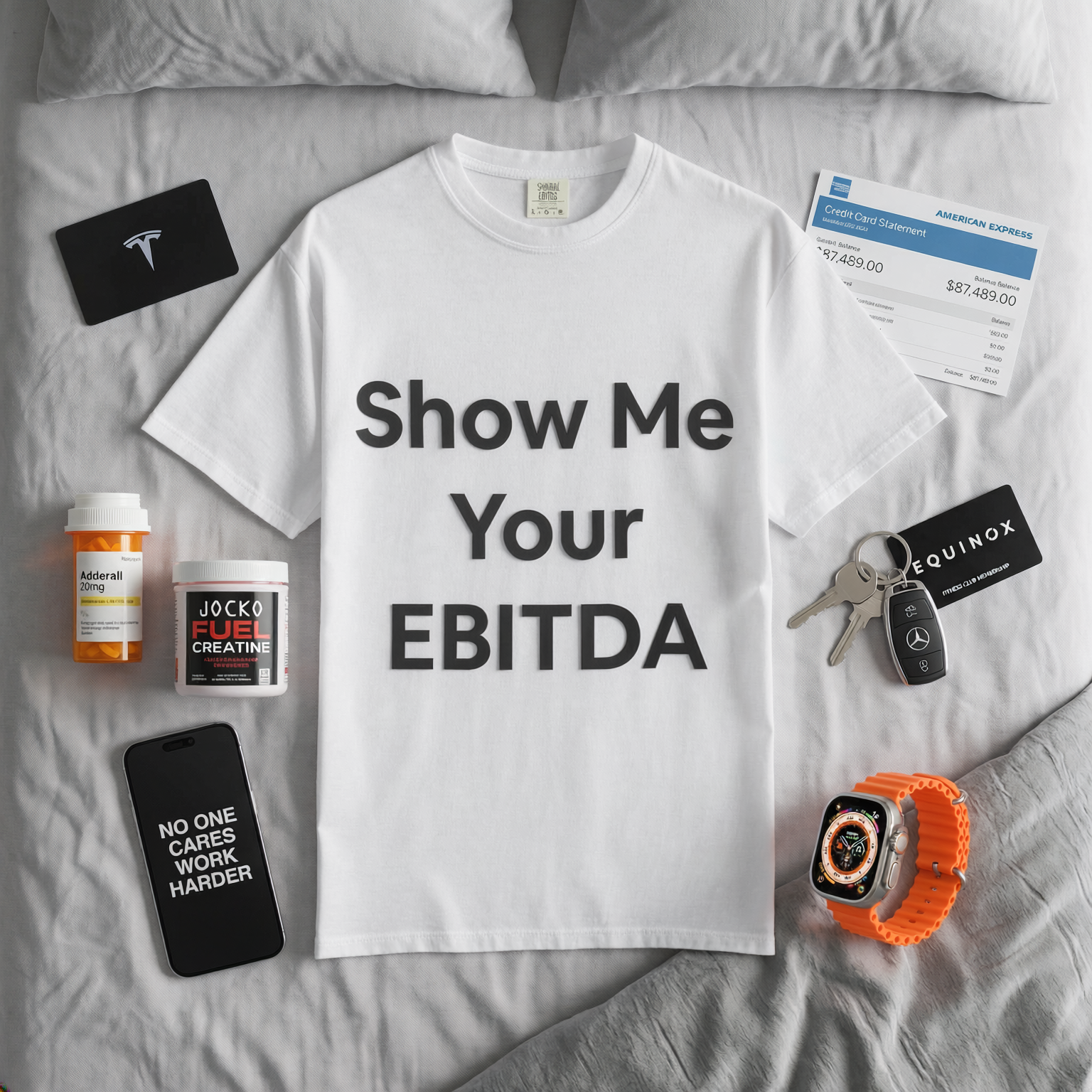 White t-shirt with Show Me Your EBITDA in big black bold font. Business corporate humor.