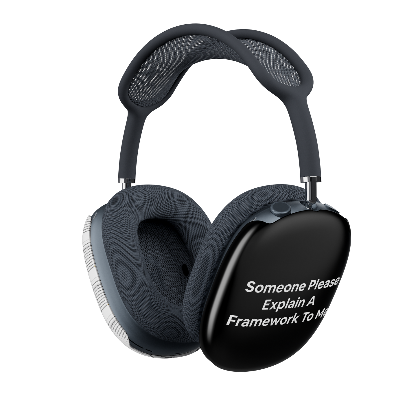 Jargon Junkie glossy black AirPods Max cover left side view with Someone Please Explain A Framework To Me text corporate humor design
