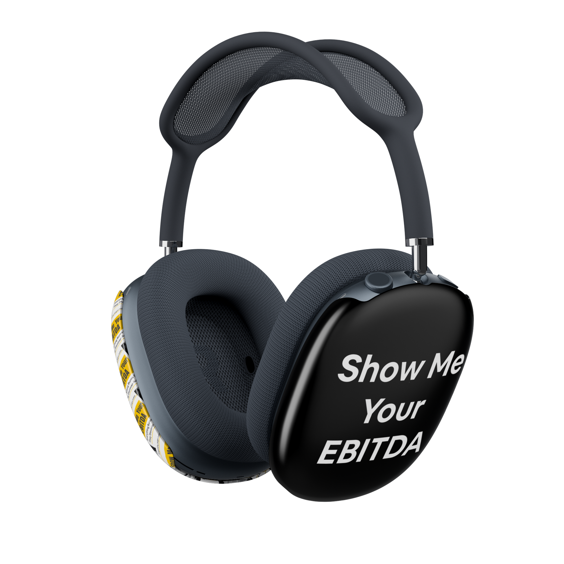 Jargon Junkie glossy black AirPods Max cover left side view with Show Me Your EBITDA text corporate humor design