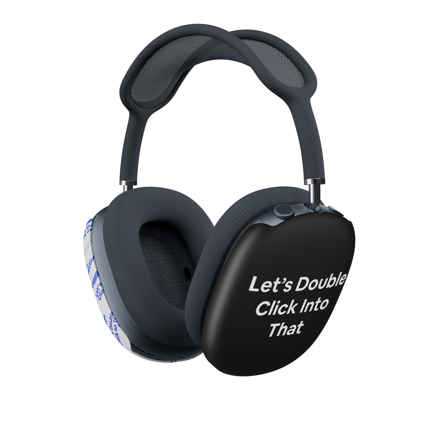 Jargon Junkie black AirPods Max cover left side view with Let's Double Click Into That text corporate humor design