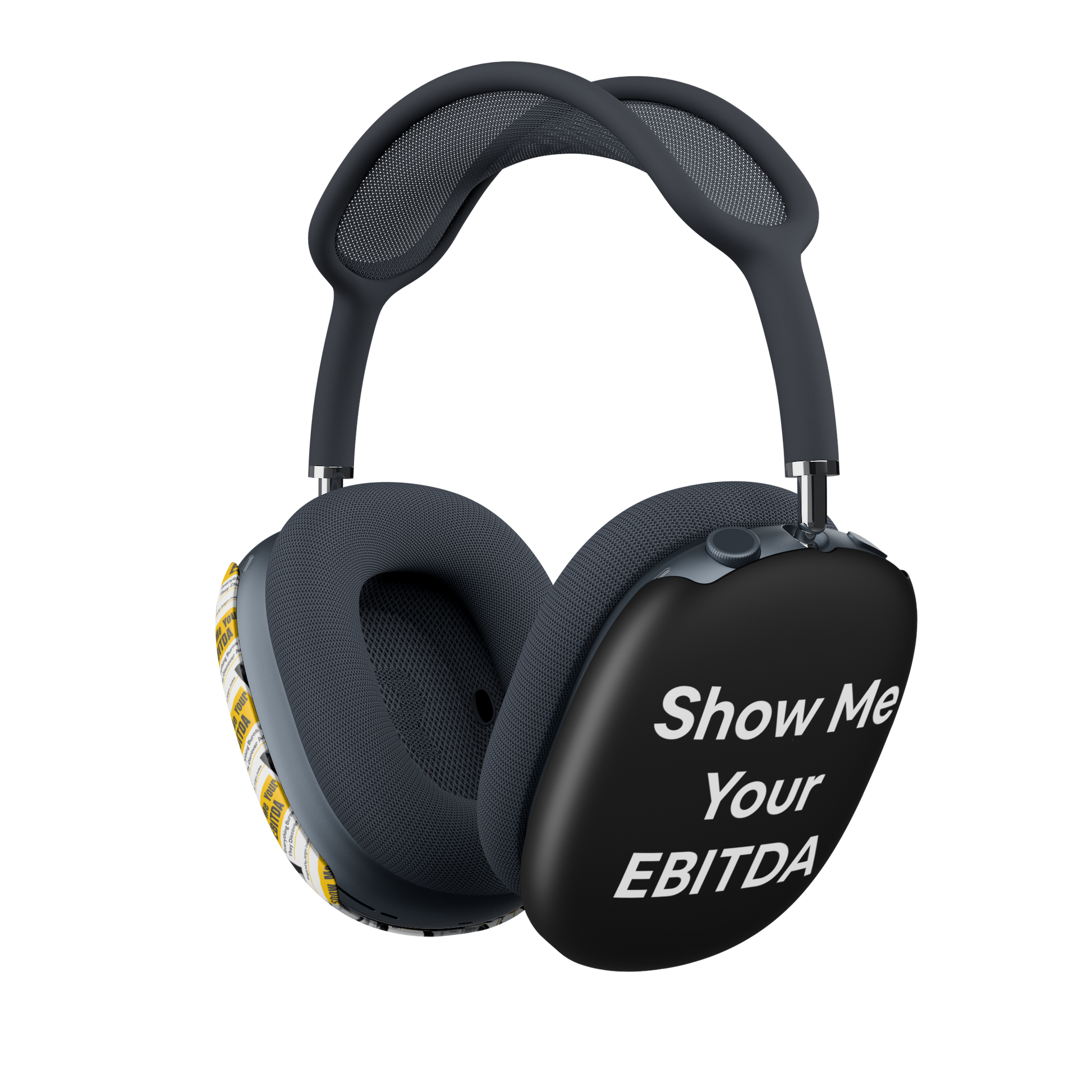 Jargon Junkie black AirPods Max cover left side view with Show Me Your EBITDA text corporate humor design