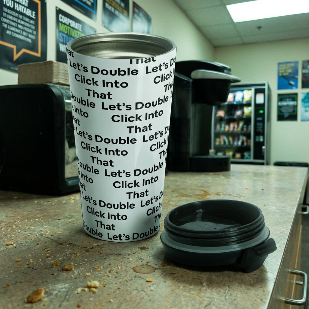 Jargon Junkie white tumbler with Let's Double Click Into That text pattern in office break room corporate humor drinkware