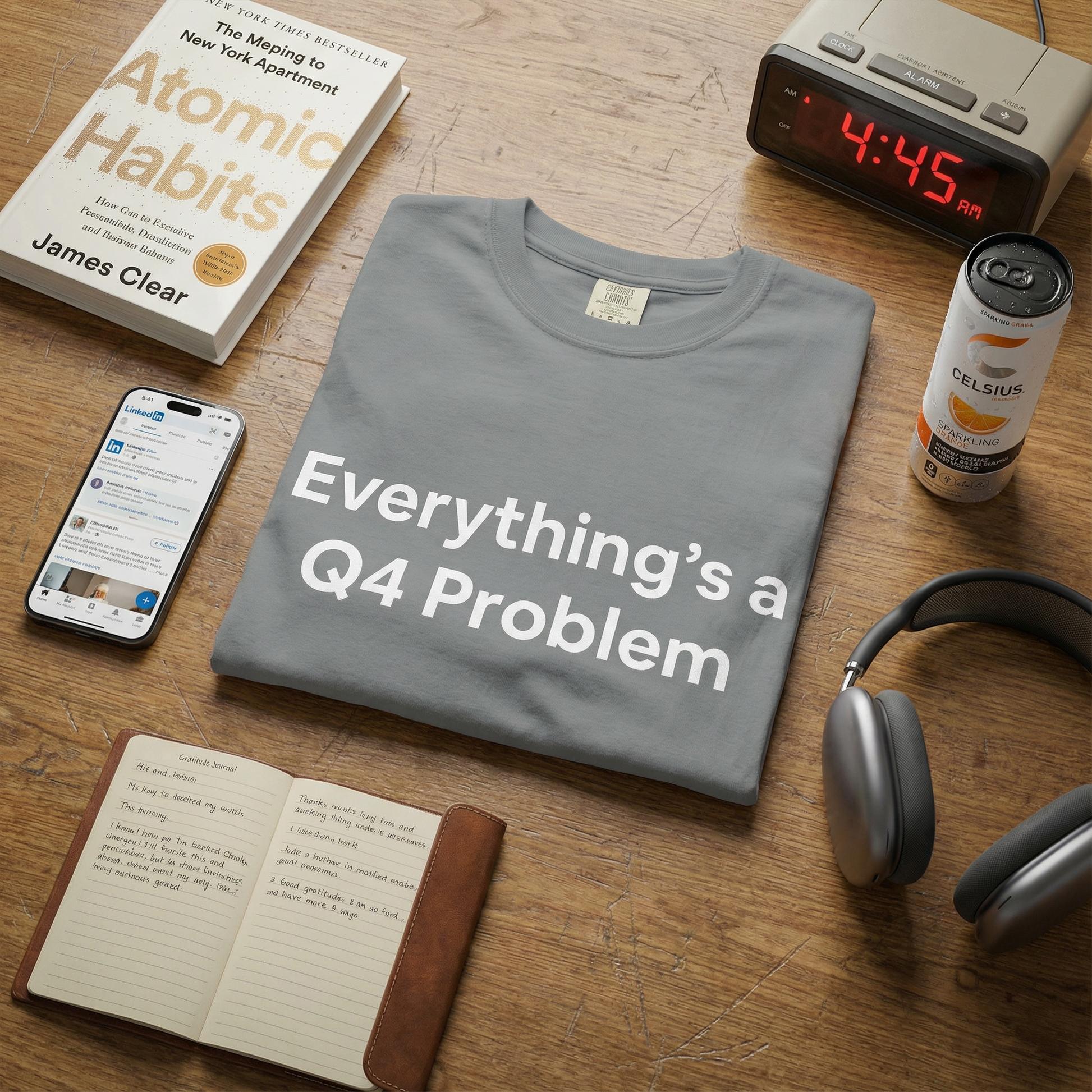 Gray t-shirt with 'Everything's a Q4 Problem' text on a wooden surface with a book, phone, and other items. Business, corporate humor. 