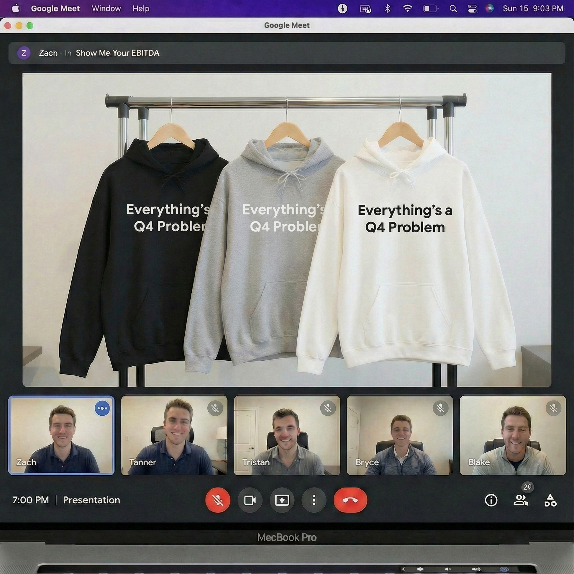 Jargon Junkie lifestyle display showing Q4 Problems hoodies in black gray and white on rack during video call corporate humor design
