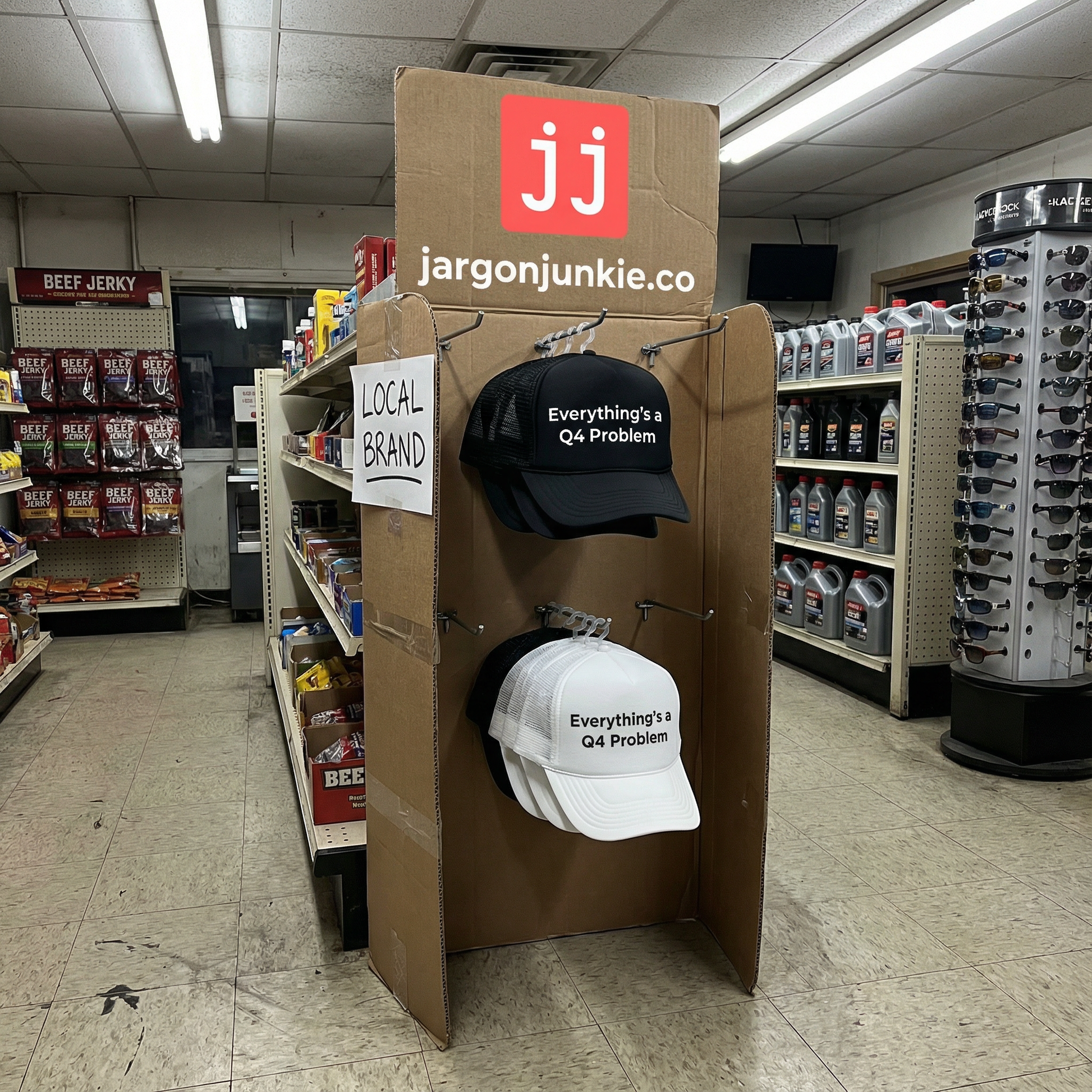 Jargon Junkie retail display in convenience store featuring Q4 Problems trucker hats in black and white corporate humor design