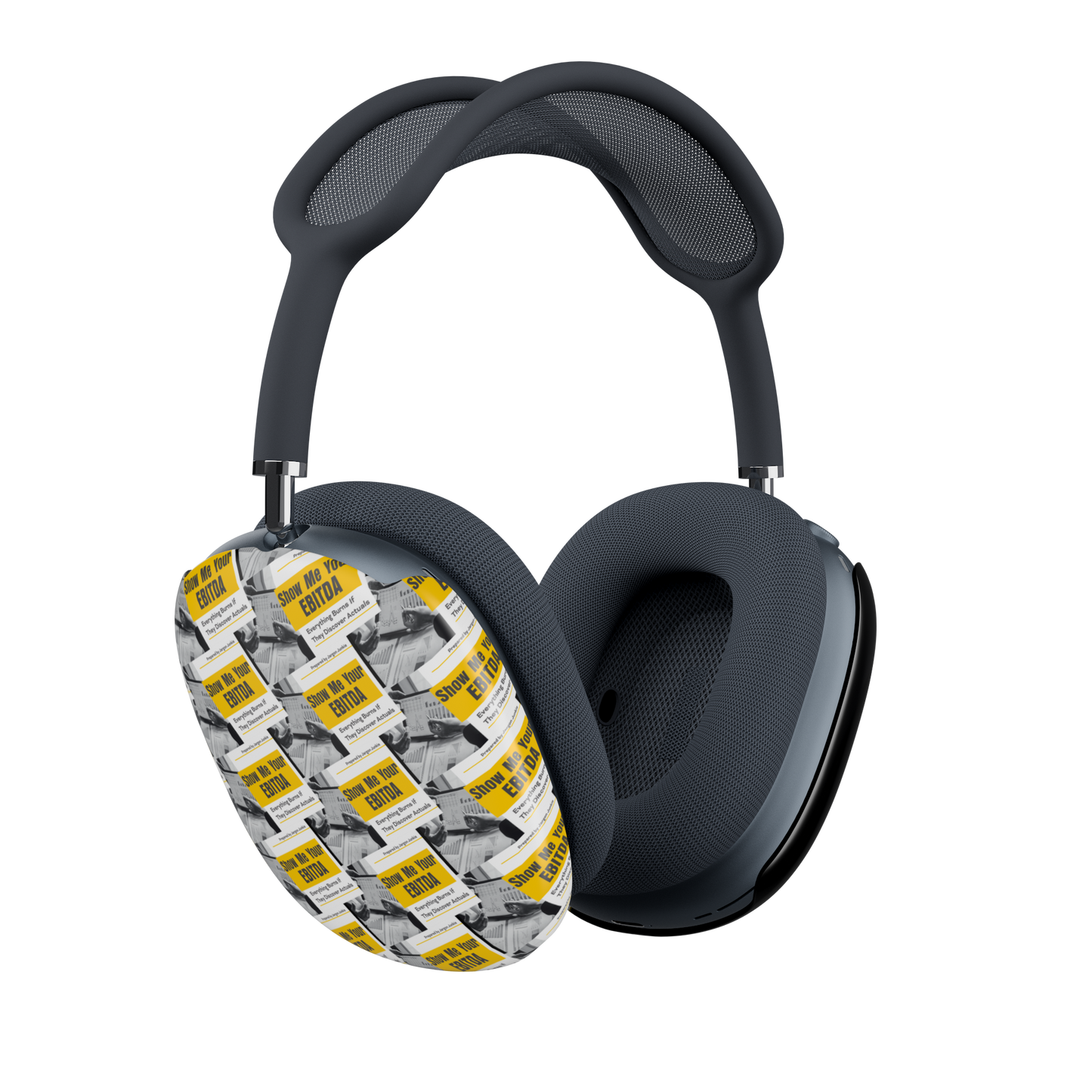 Jargon Junkie glossy black AirPods Max cover right side view showing white ear cup interior corporate humor headphone accessory