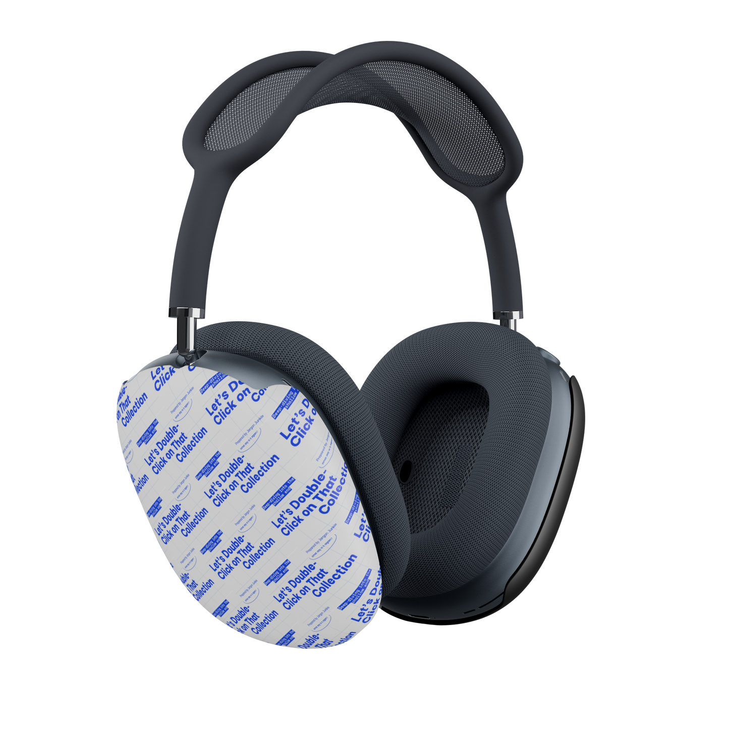 Jargon Junkie black AirPods Max cover right side view showing white ear cup interior corporate humor headphone accessory