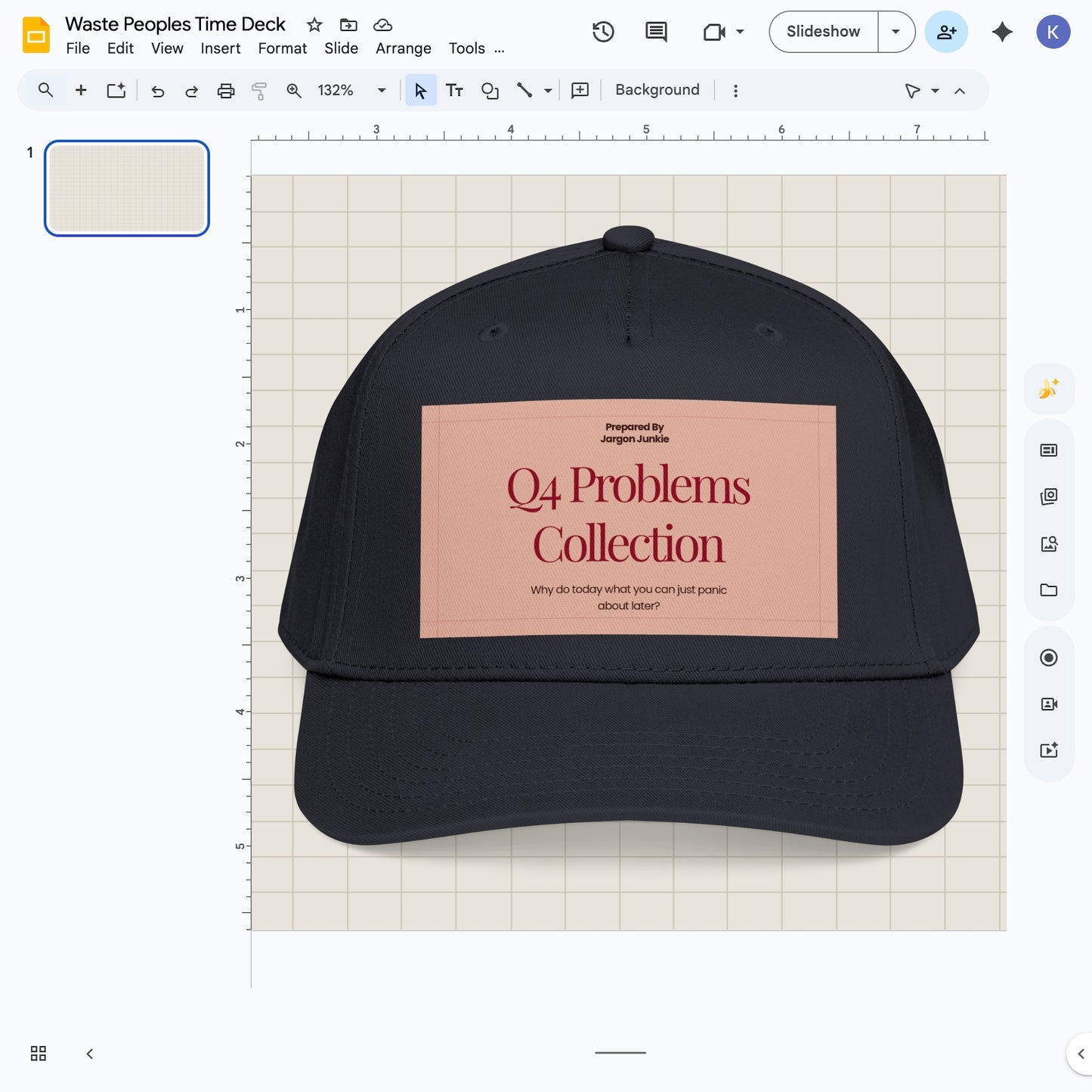 Jargon Junkie black baseball cap with Q4 Problems Collection graphic corporate humor design