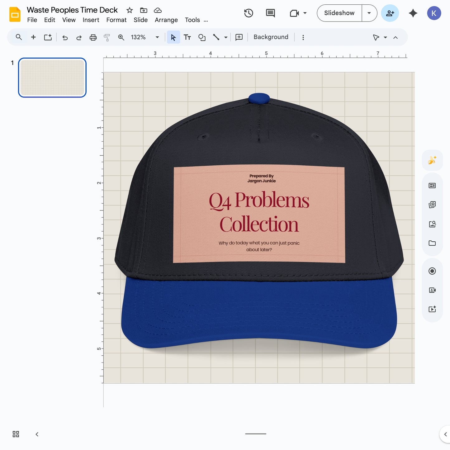 Jargon Junkie black and royal blue baseball cap with Q4 Problems Collection graphic corporate humor design