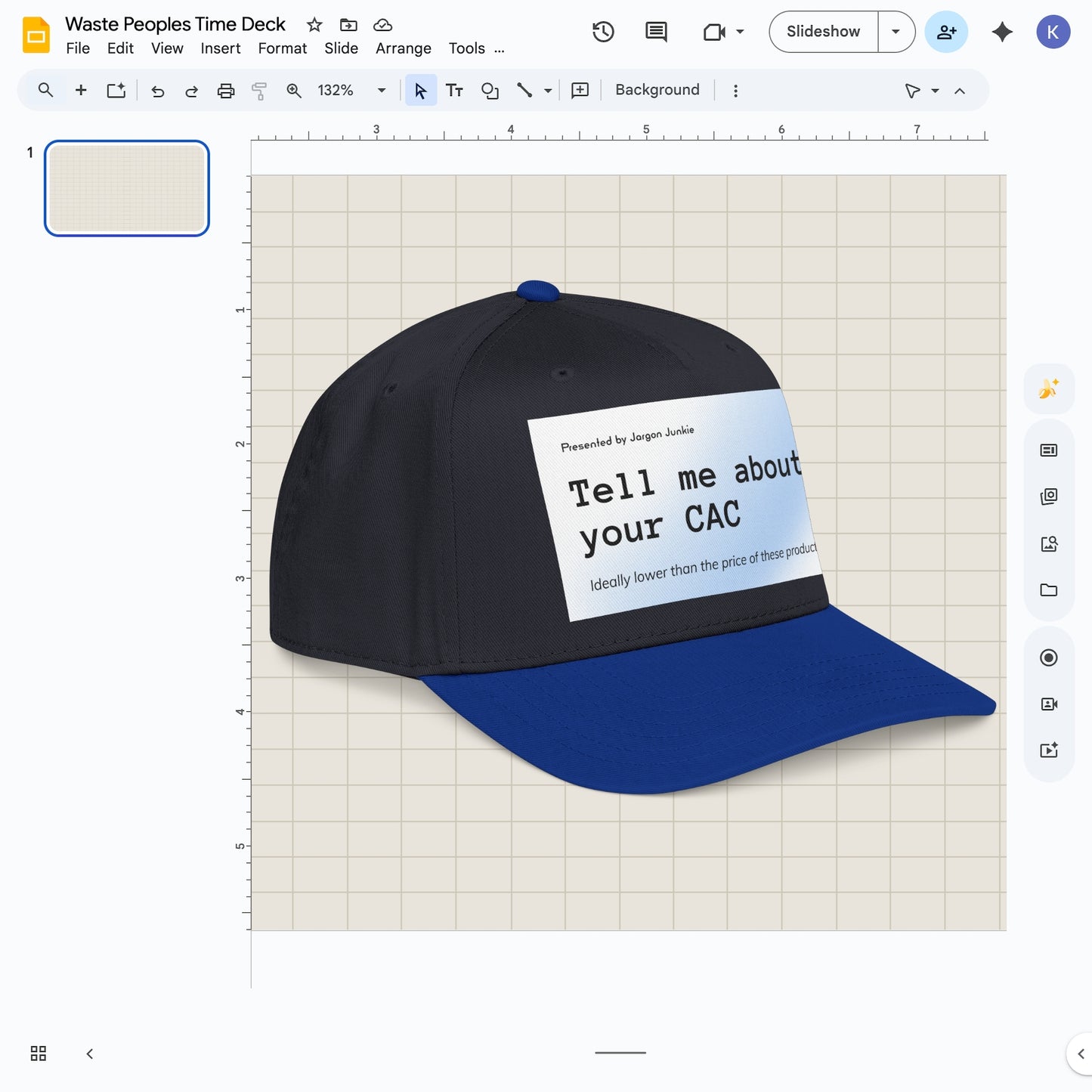 Jargon Junkie black and royal blue baseball cap angled view with Tell Me About Your CAC graphic corporate humor design