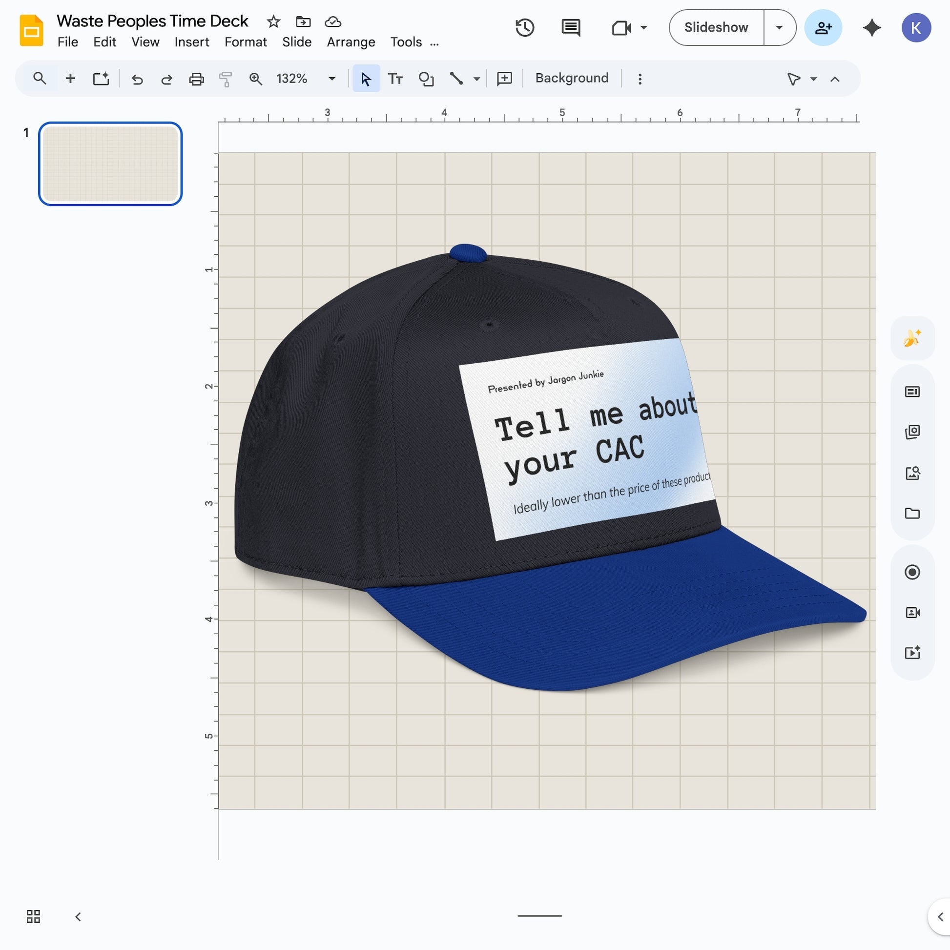 Jargon Junkie black and royal blue baseball cap angled view with Tell Me About Your CAC graphic corporate humor design