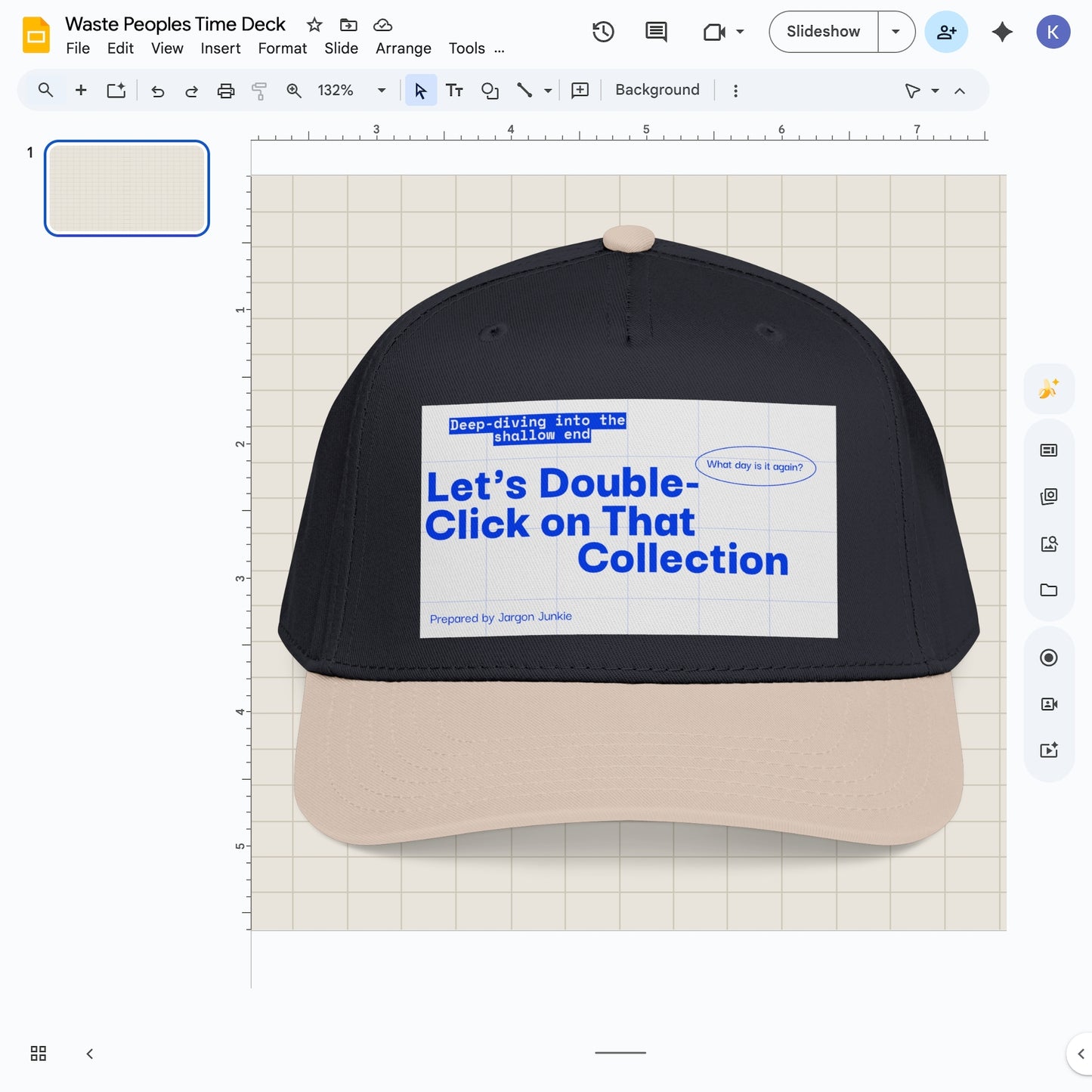 Jargon Junkie black and khaki baseball cap with slide deck graphic reading Let's Double-Click on That Collection corporate humor design