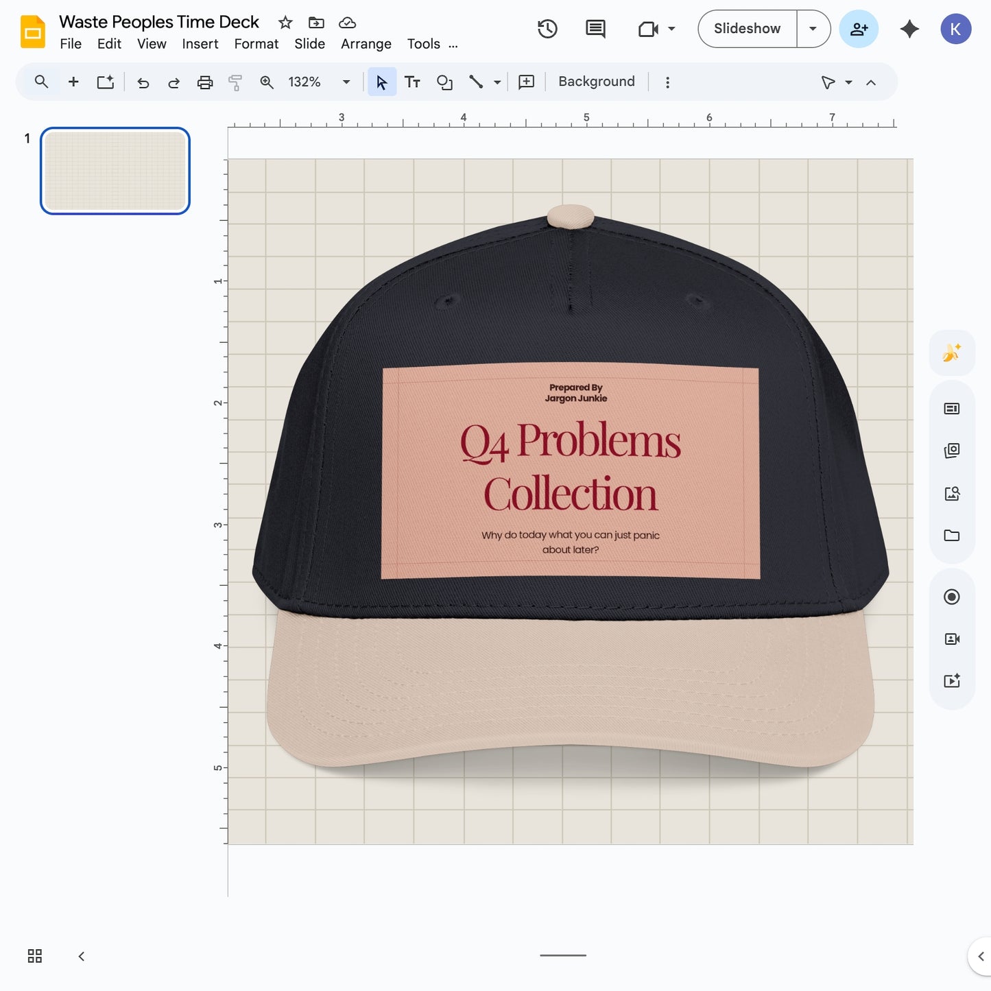 Jargon Junkie navy blue and khaki baseball cap with Q4 Problems Collection graphic corporate humor design