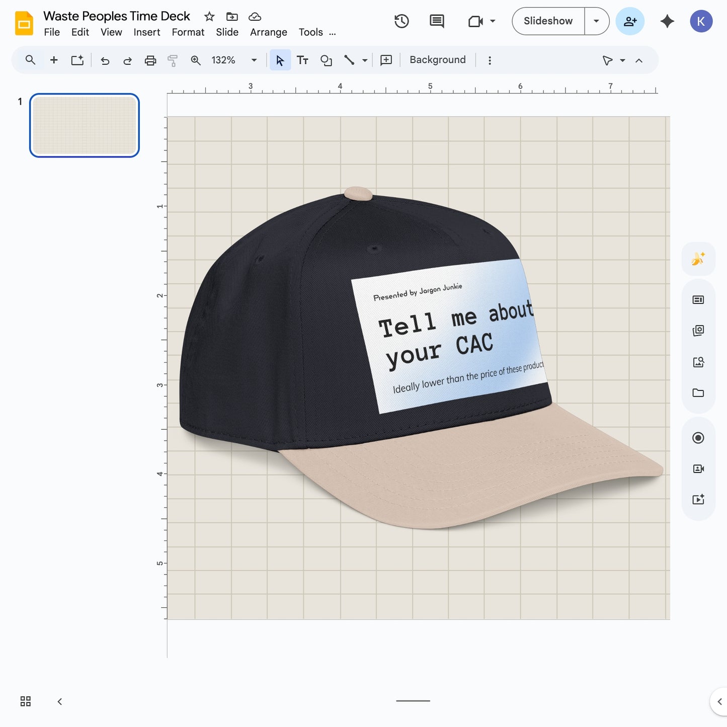 Jargon Junkie black and khaki baseball cap angled view with Tell Me About Your CAC graphic corporate humor design
