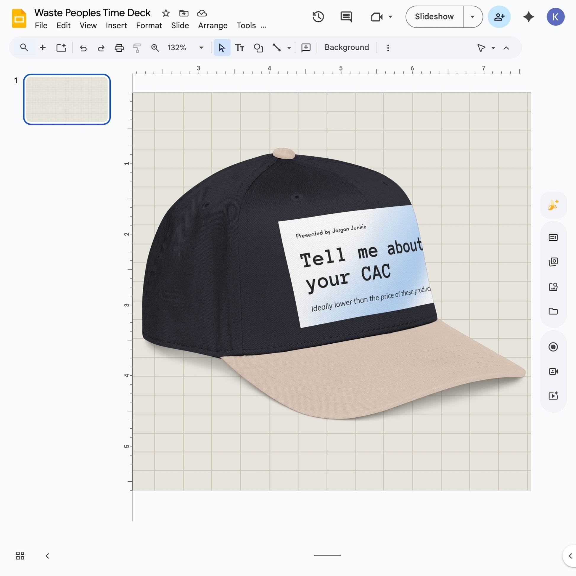 Jargon Junkie black and khaki baseball cap angled view with Tell Me About Your CAC graphic corporate humor design