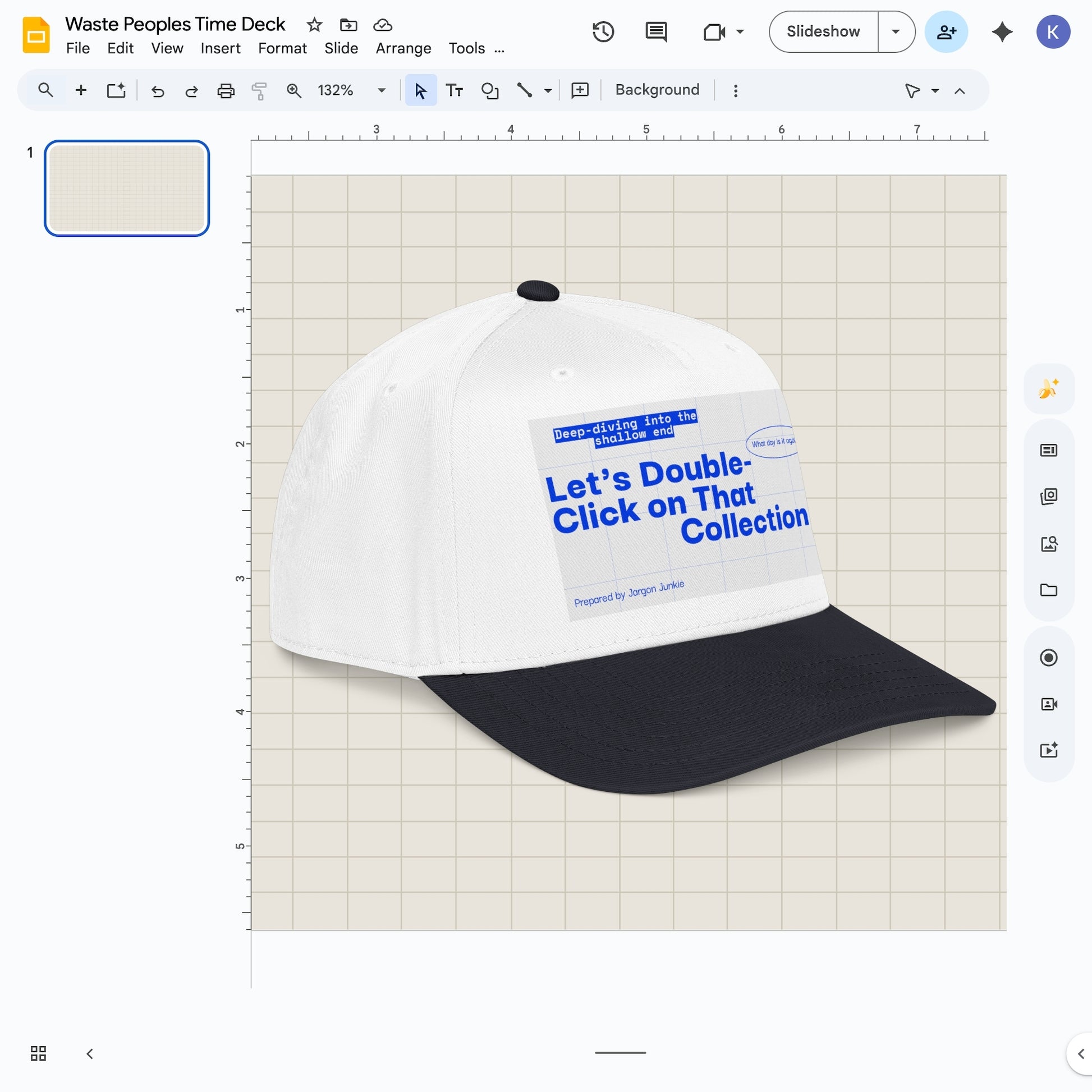 Jargon Junkie black and white baseball cap angled view with slide deck graphic reading Let's Double-Click on That Collection