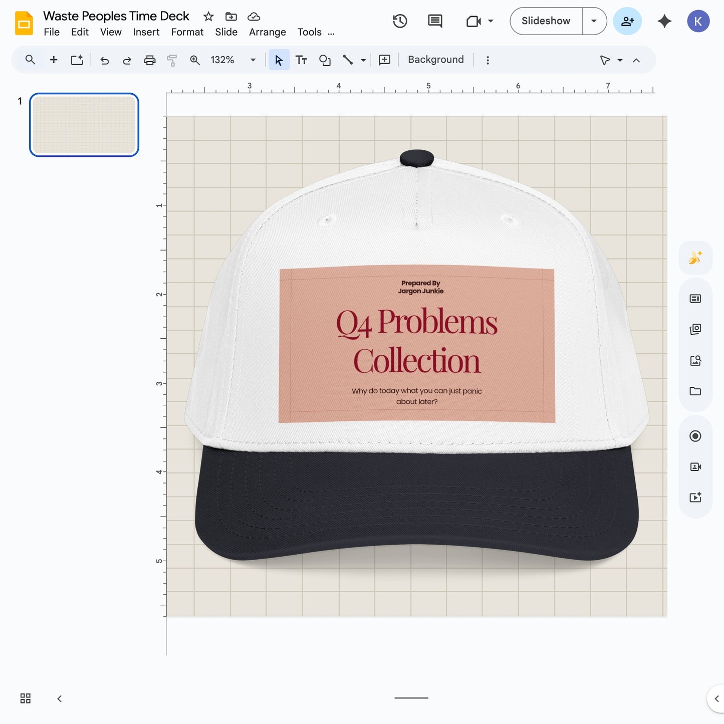Jargon Junkie white and black baseball cap with Q4 Problems Collection graphic corporate humor design