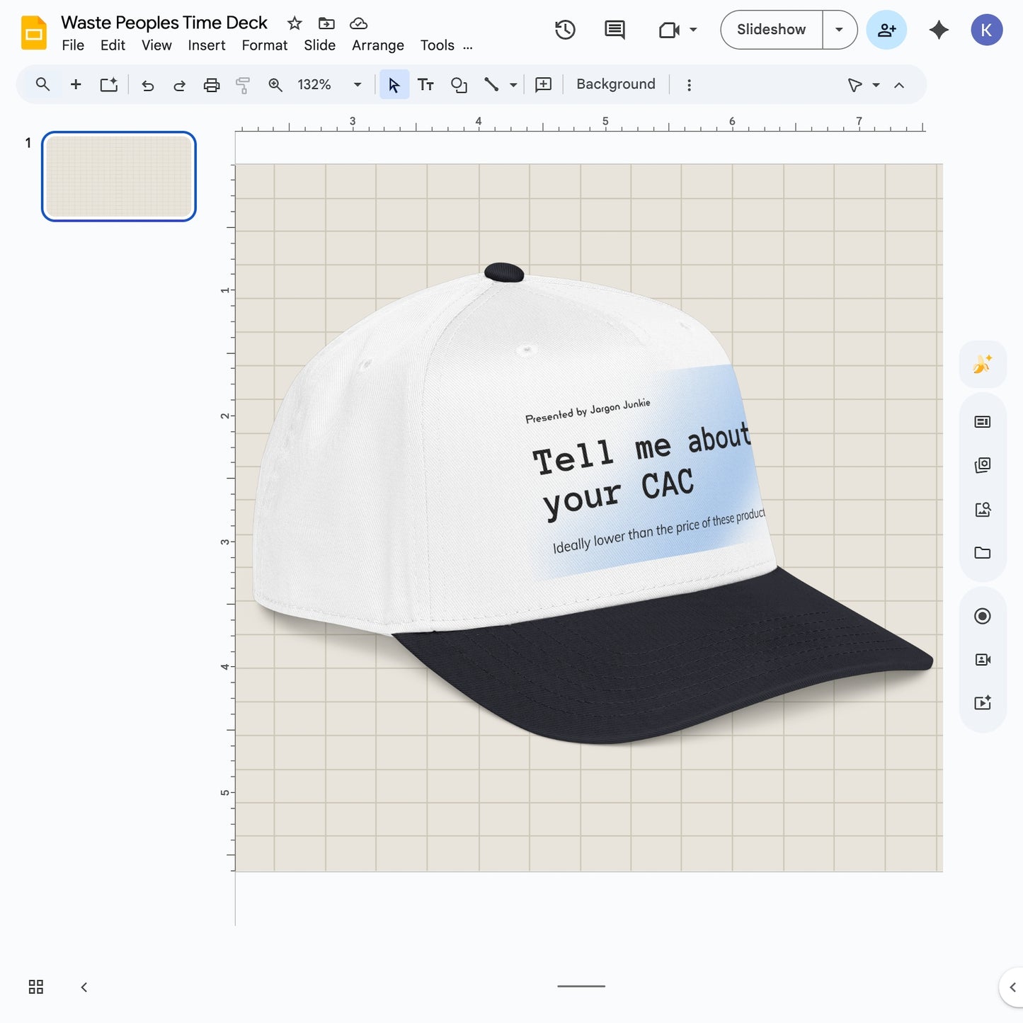 Jargon Junkie white and black baseball cap angled view with Tell Me About Your CAC graphic corporate humor design