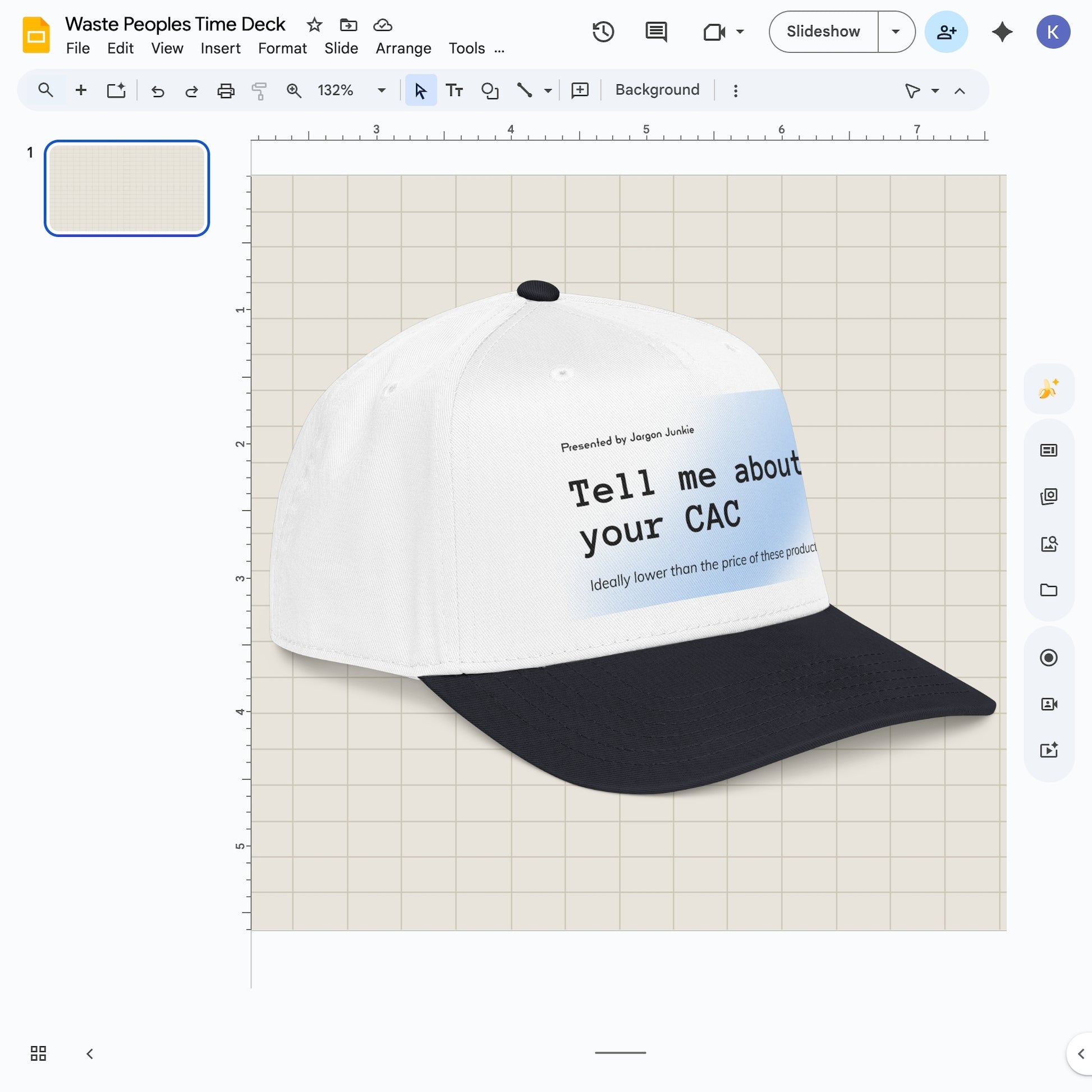 Jargon Junkie white and black baseball cap angled view with Tell Me About Your CAC graphic corporate humor design