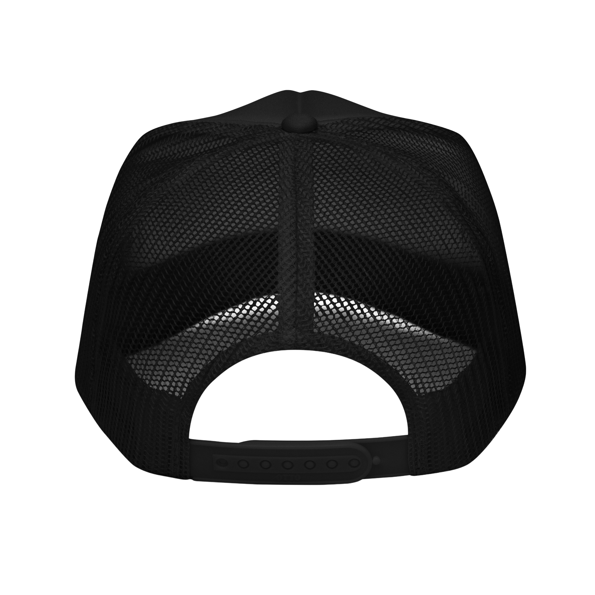 Jargon Junkie black trucker hat back view showing mesh panel and snapback closure corporate humor design