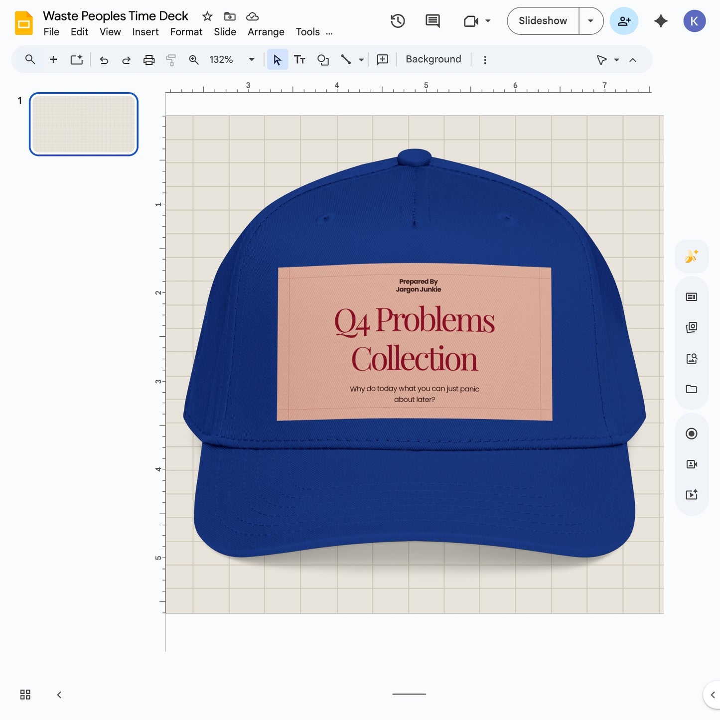 Jargon Junkie royal blue baseball cap with Q4 Problems Collection graphic corporate humor design