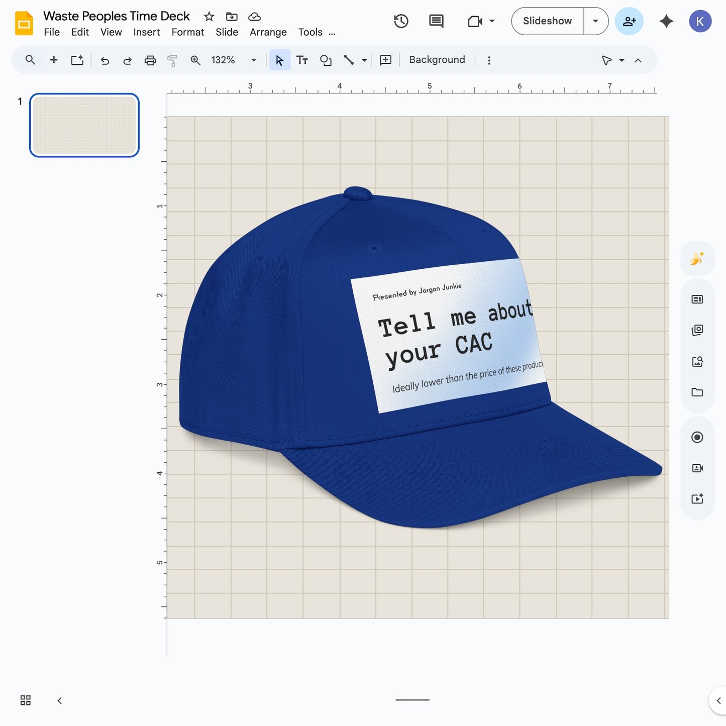 Jargon Junkie royal blue baseball cap angled view with Tell Me About Your CAC graphic corporate humor design