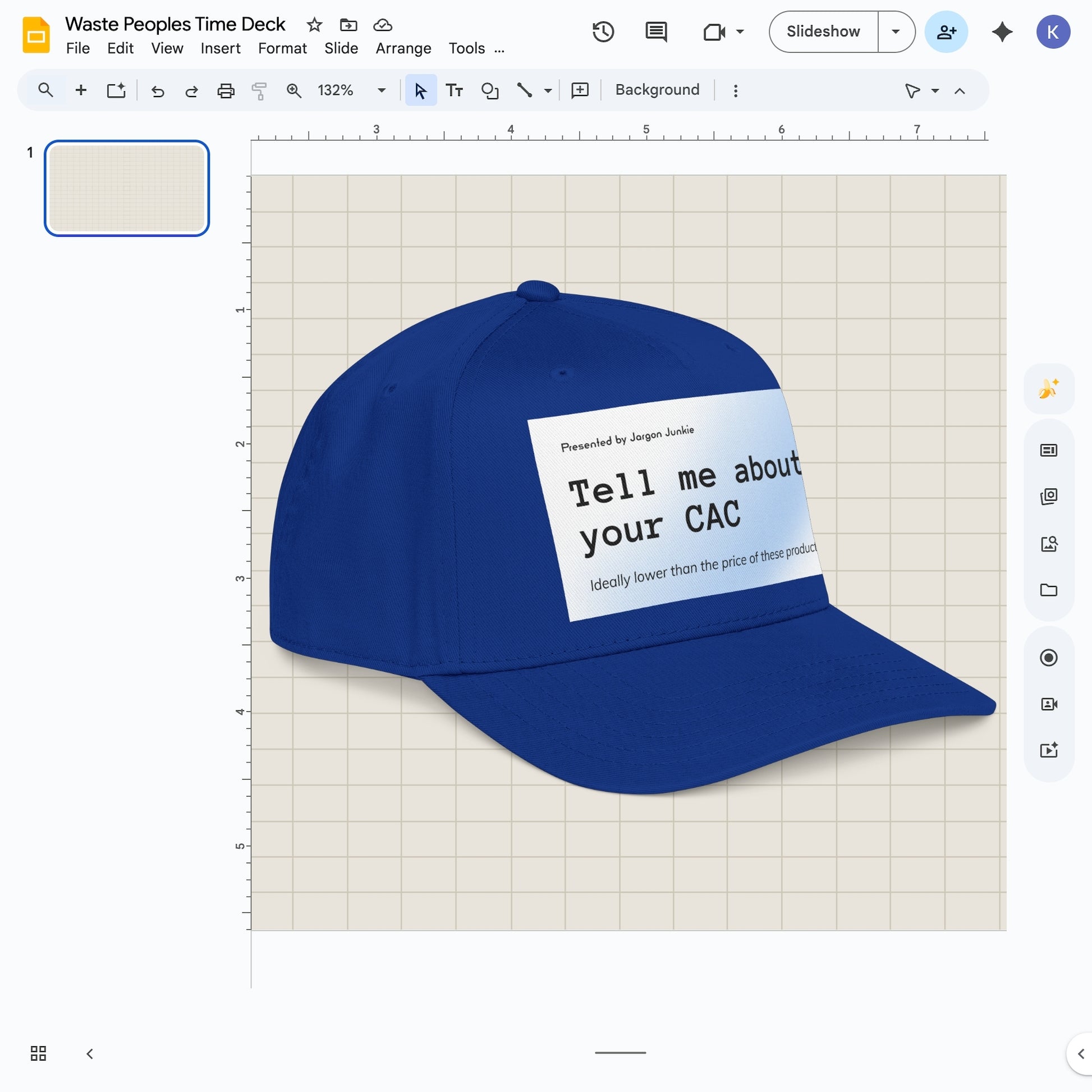 Jargon Junkie royal blue baseball cap angled view with Tell Me About Your CAC graphic corporate humor design