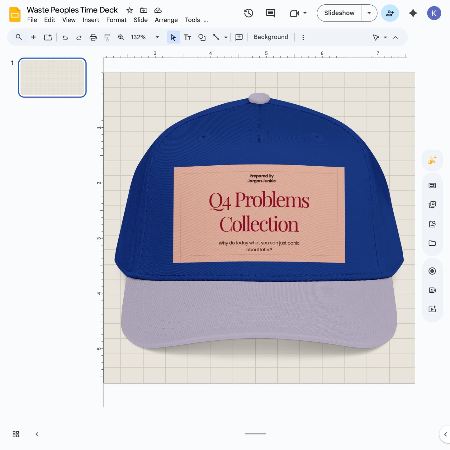 Jargon Junkie royal blue and gray baseball cap with Q4 Problems Collection graphic corporate humor design
