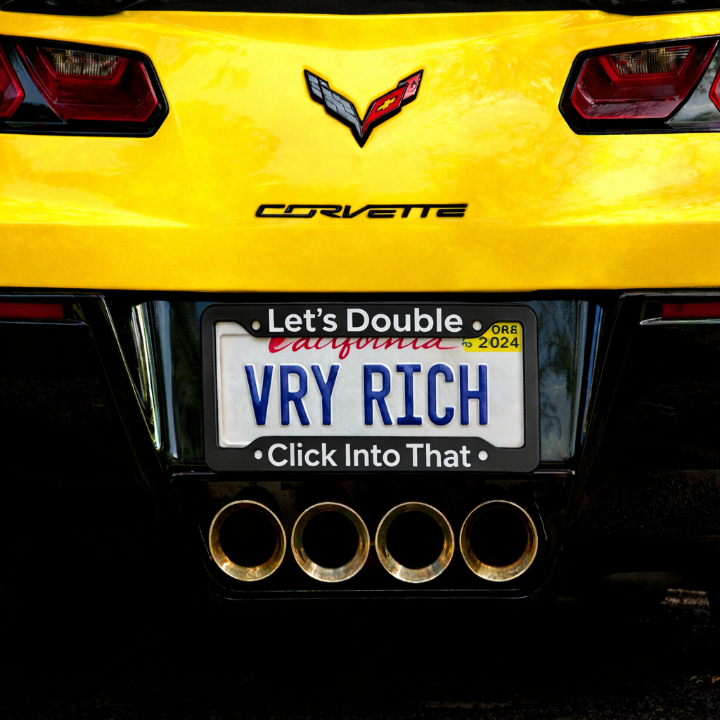 Jargon Junkie black license plate frame with Lets Double Click Into That text on yellow Corvette corporate humor car accessory