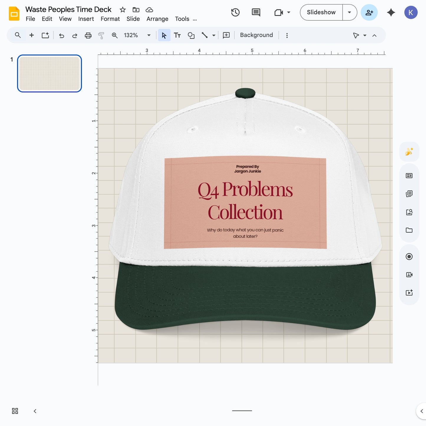 Jargon Junkie white and dark green baseball cap with Q4 Problems Collection graphic corporate humor design