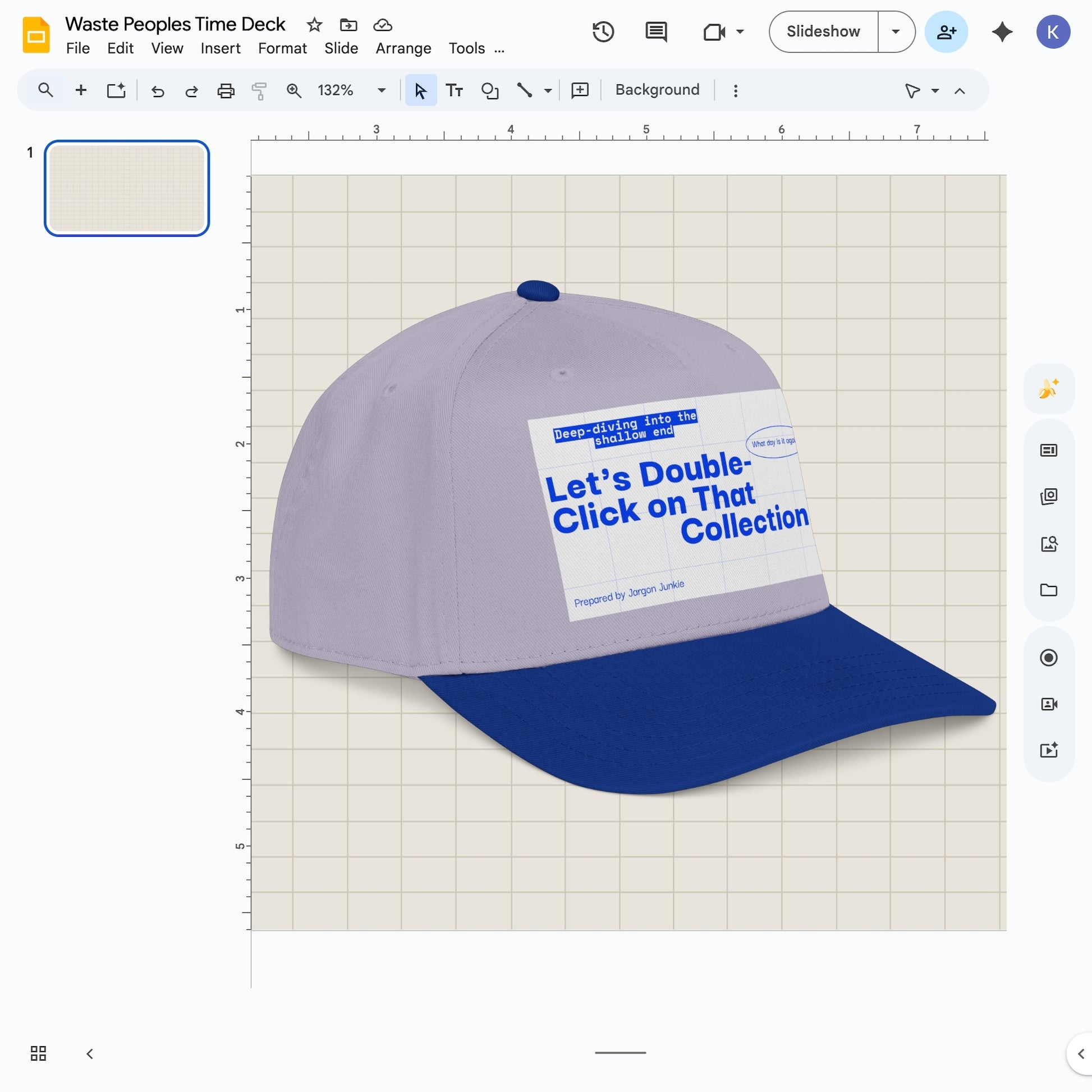 Jargon Junkie gray and blue baseball cap angled view with slide deck graphic reading Let's Double-Click on That Collection