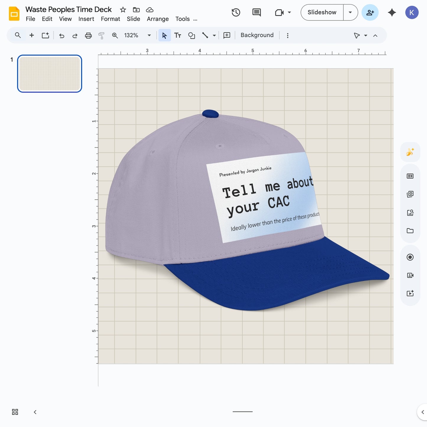 Jargon Junkie gray and royal blue baseball cap angled view with Tell Me About Your CAC graphic corporate humor design
