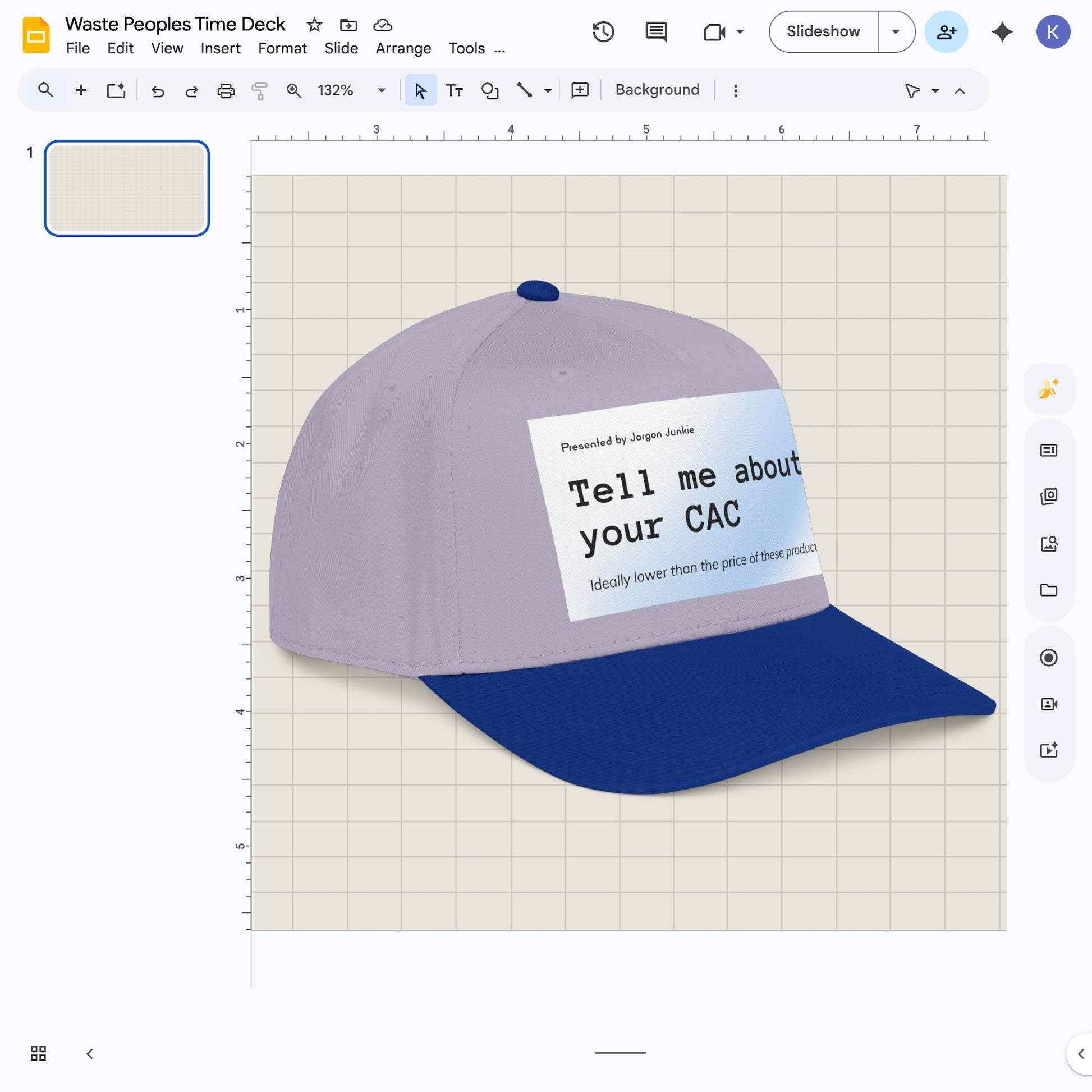 Jargon Junkie gray and royal blue baseball cap angled view with Tell Me About Your CAC graphic corporate humor design