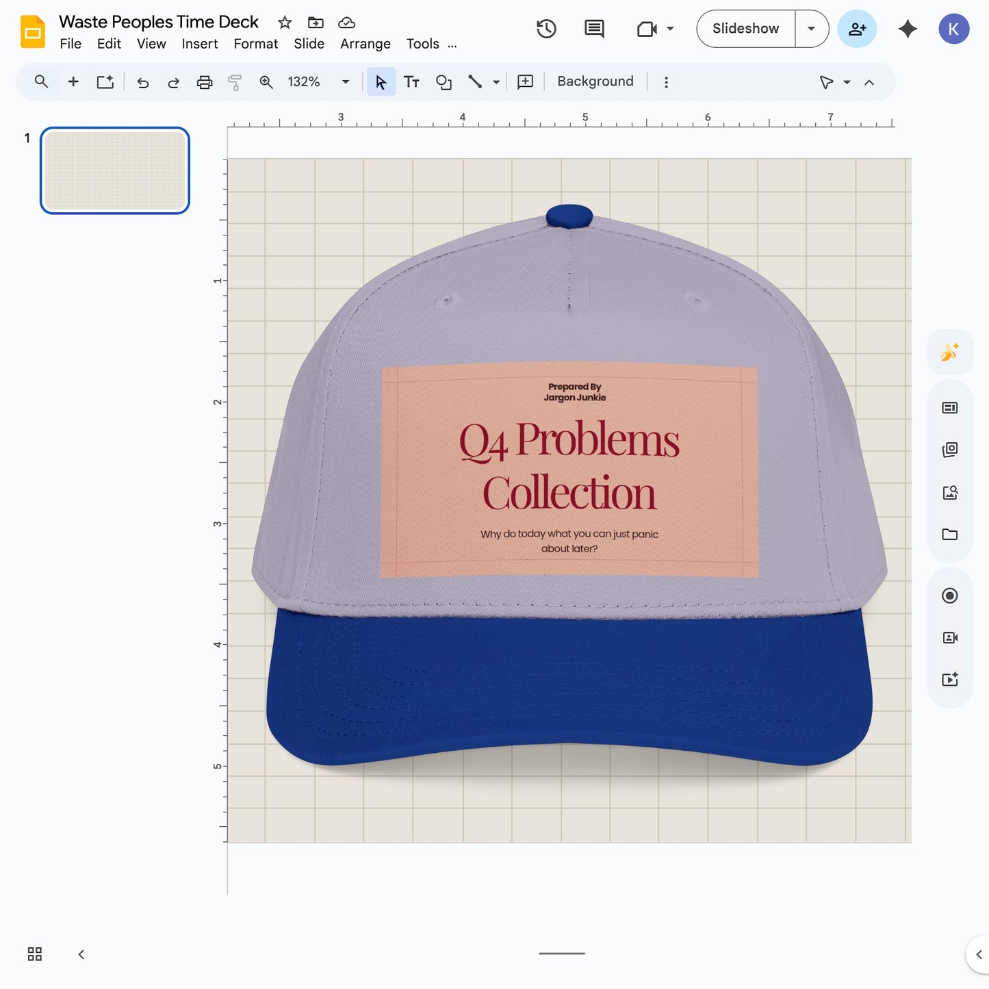 Jargon Junkie gray and royal blue baseball cap with Q4 Problems Collection graphic corporate humor design