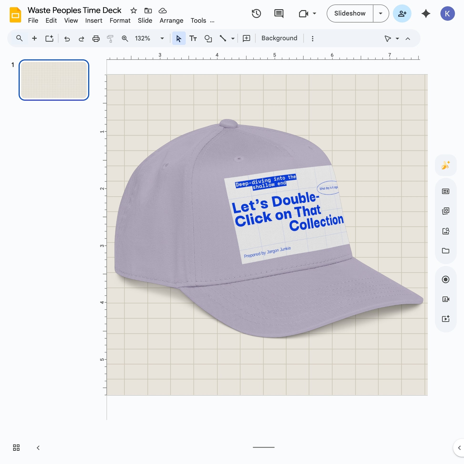 Jargon Junkie gray baseball cap angled view with slide deck graphic reading Let's Double-Click on That Collection