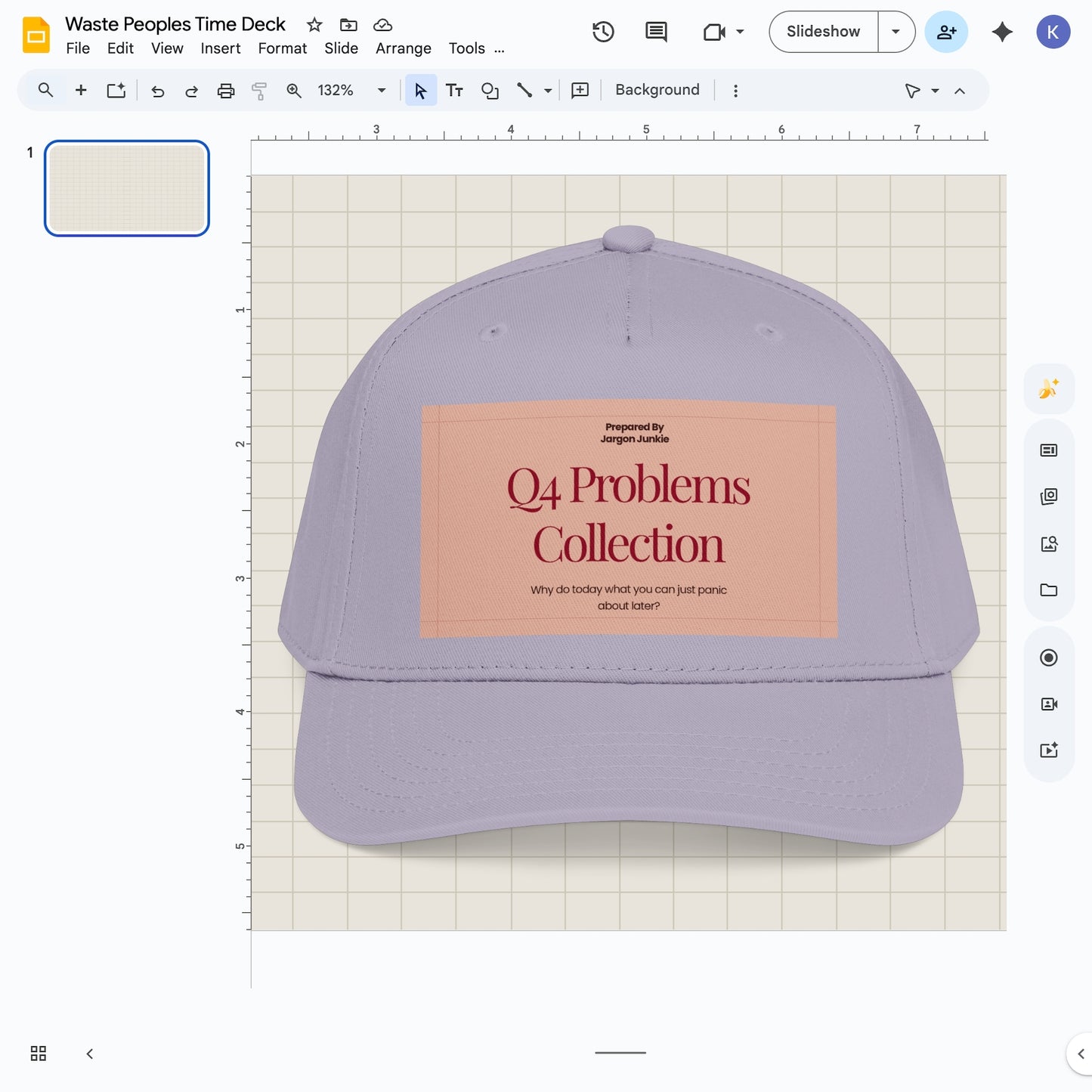 Jargon Junkie gray baseball cap with Q4 Problems Collection graphic corporate humor design