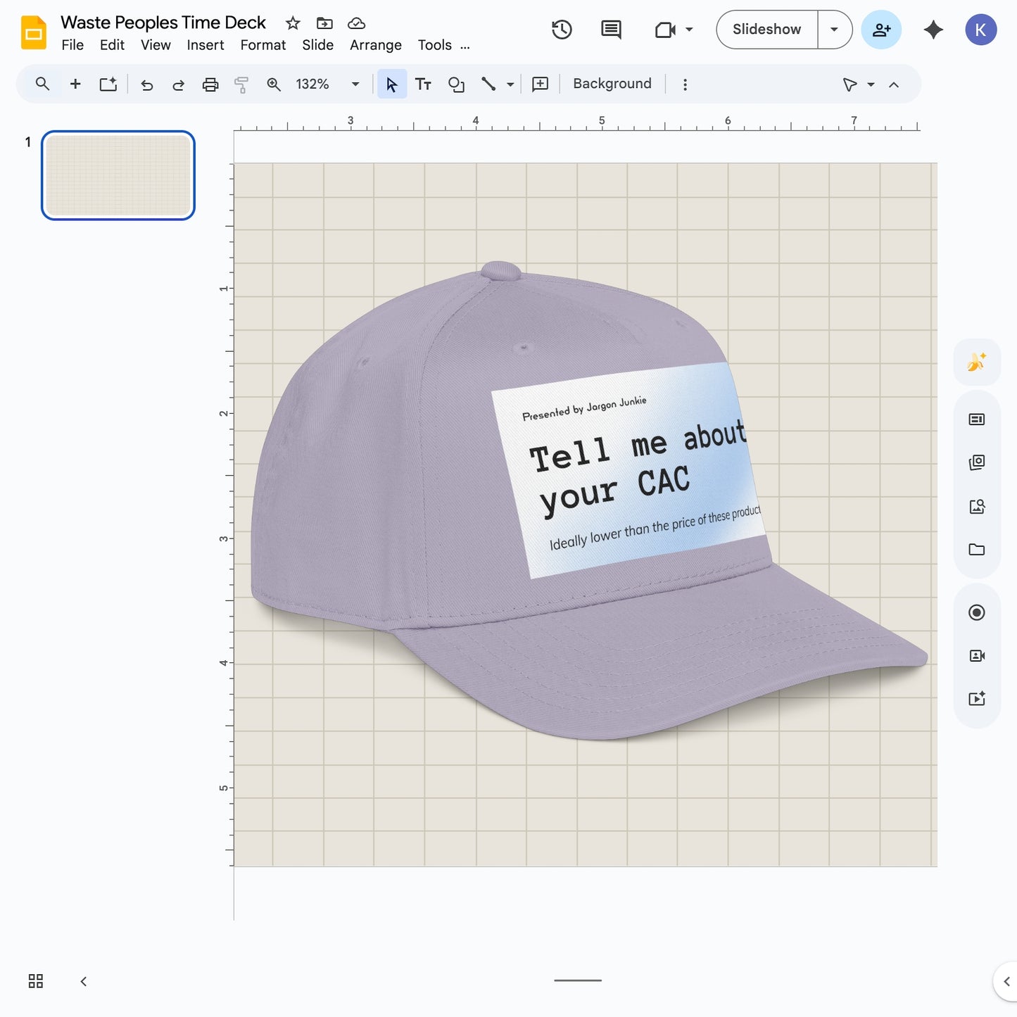 Jargon Junkie gray baseball cap angled view with Tell Me About Your CAC graphic corporate humor design
