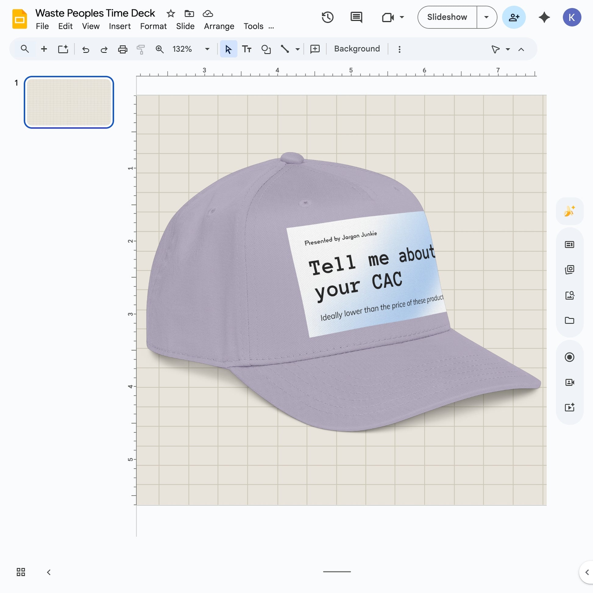 Jargon Junkie gray baseball cap angled view with Tell Me About Your CAC graphic corporate humor design