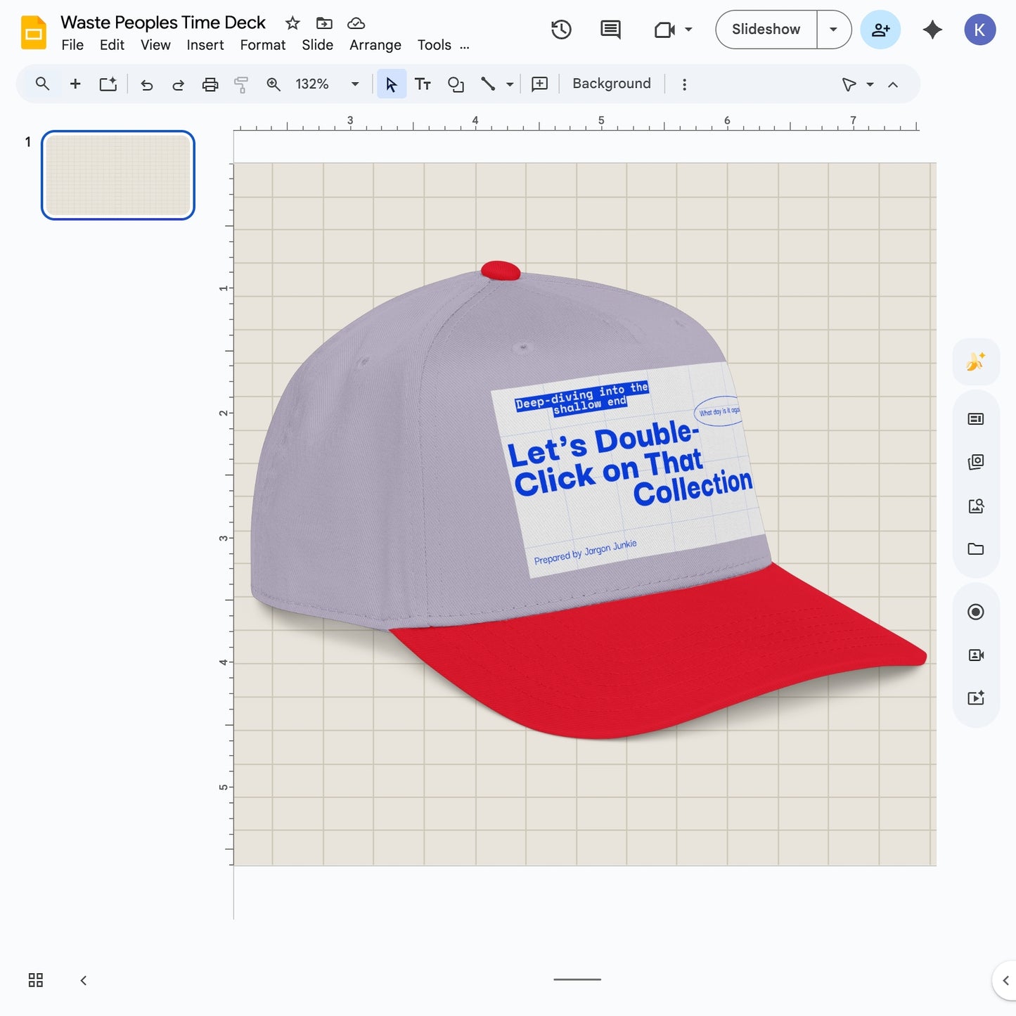 Jargon Junkie gray and red baseball cap angled view with slide deck graphic reading Let's Double-Click on That Collection