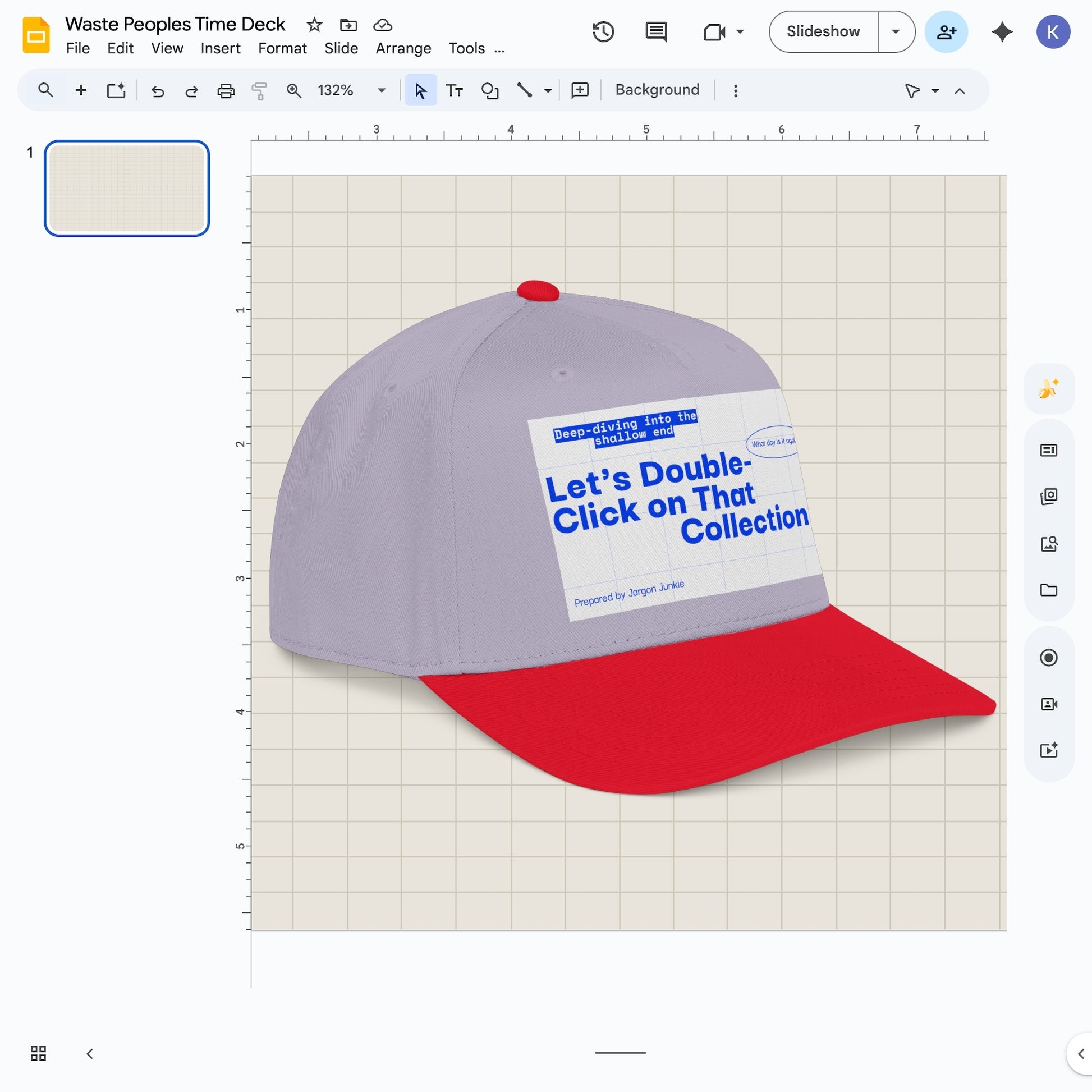Jargon Junkie gray and red baseball cap angled view with slide deck graphic reading Let's Double-Click on That Collection